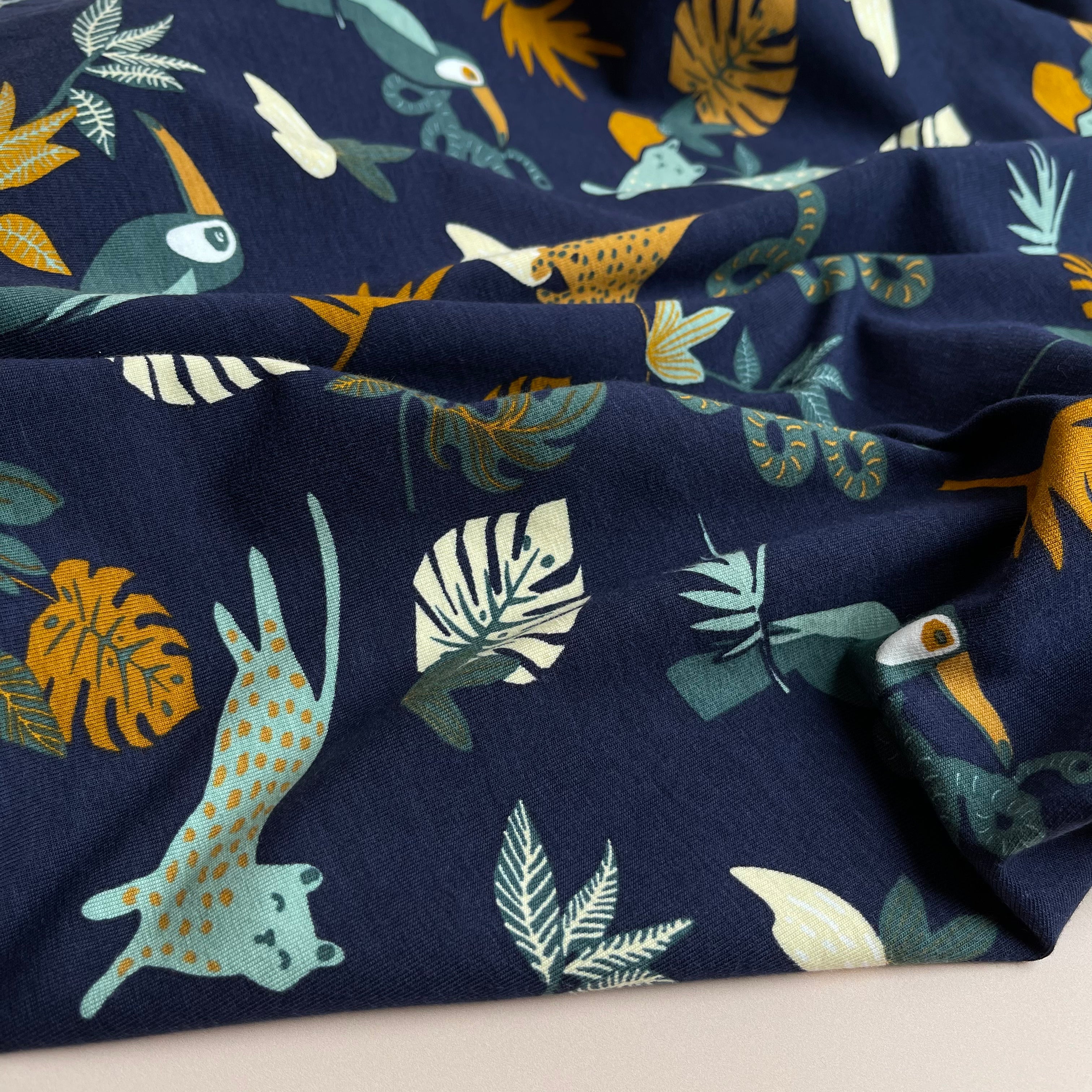 Safari Animals Navy GOTS Organic Cotton Jersey Fabric