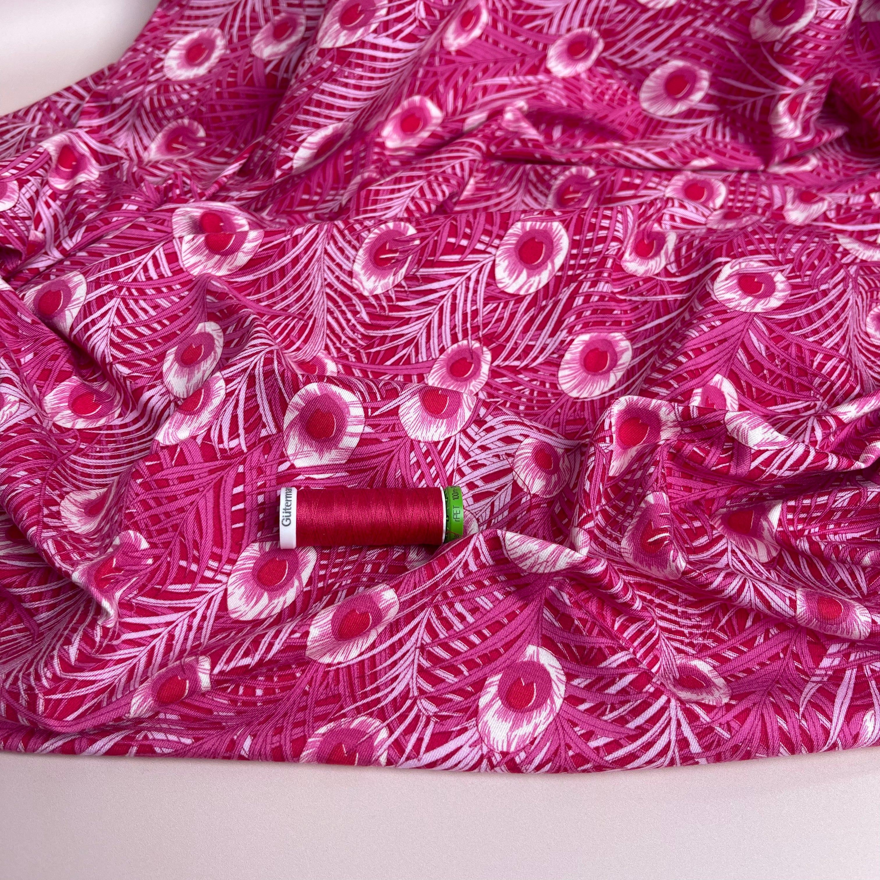Peacock Feathers Cerise Pink Viscose Jersey Fabric