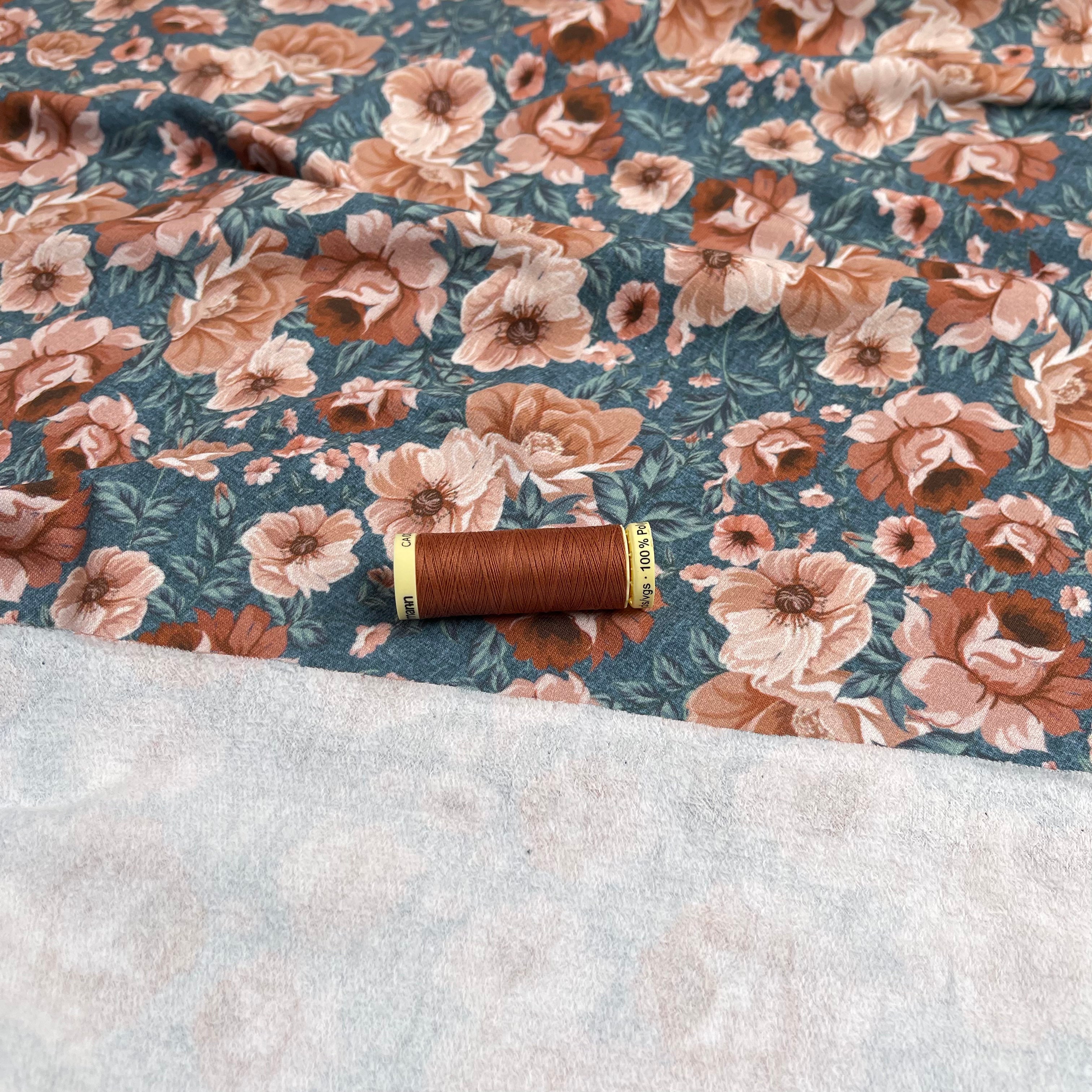 Watercolour Roses Sienna on Light Teal Cotton Sweat-shirting Fabric