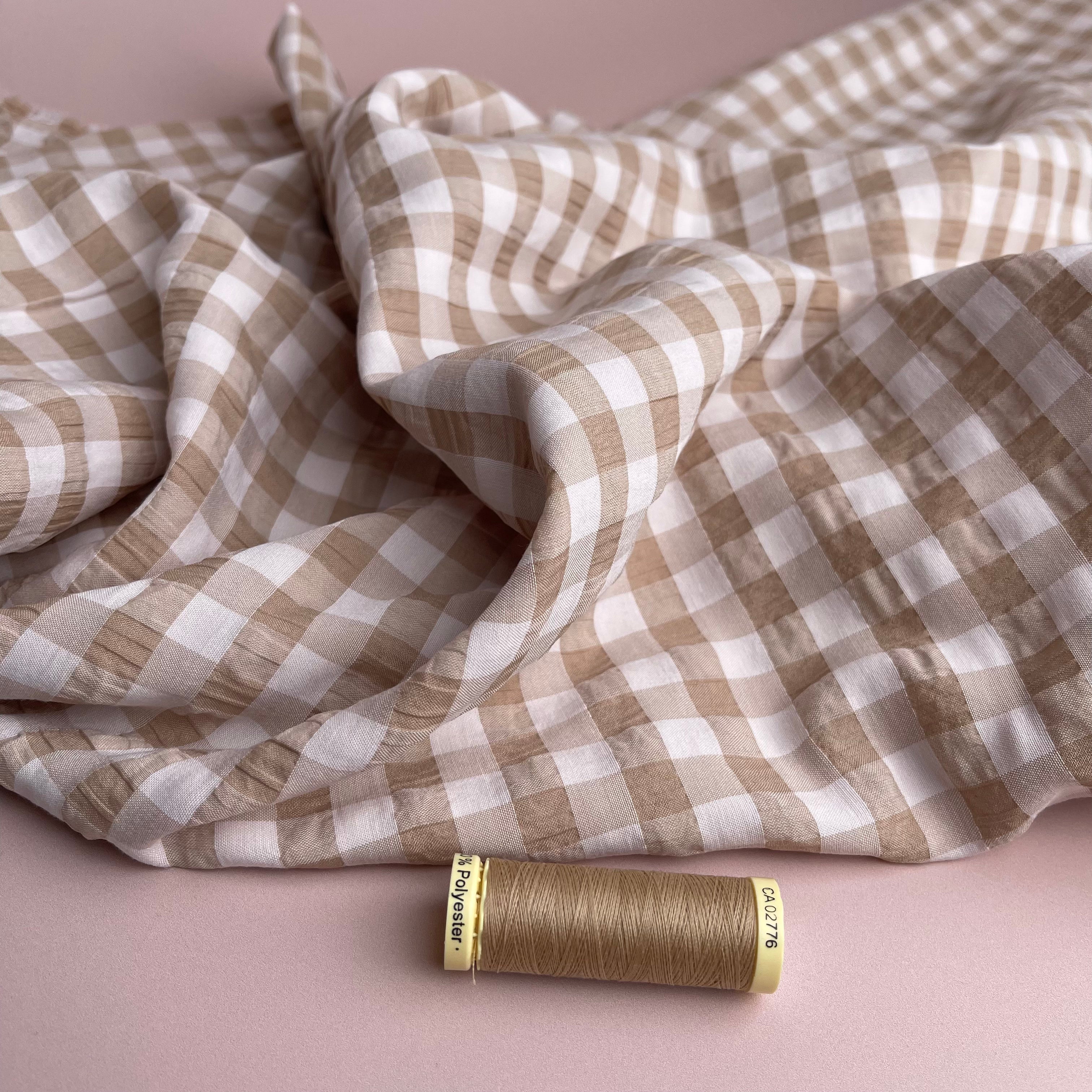 Beige Gingham Viscose Seersucker Fabric