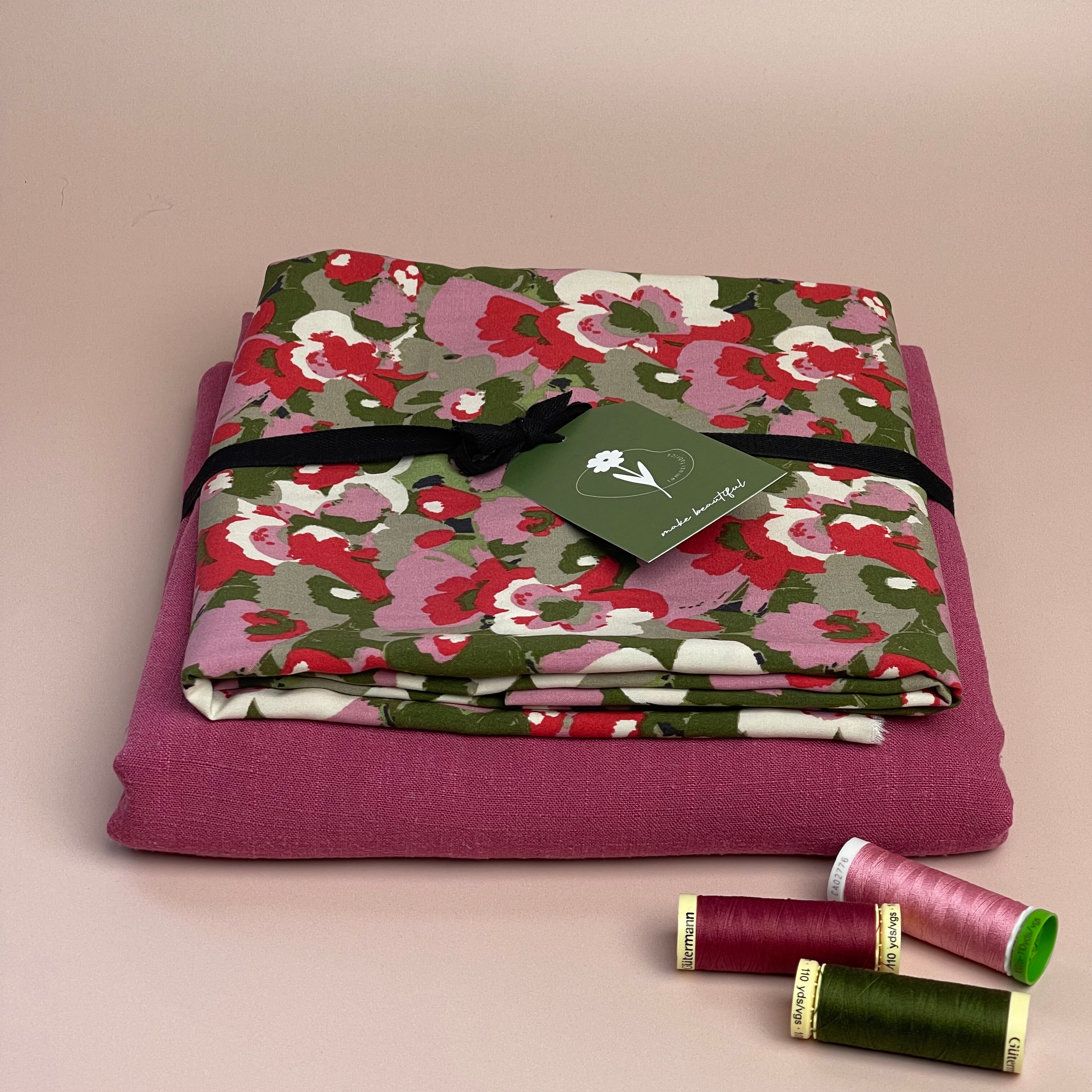 REMNANT 2.64 Metres - Abstract Petals in Pink and Green Viscose Poplin Fabric