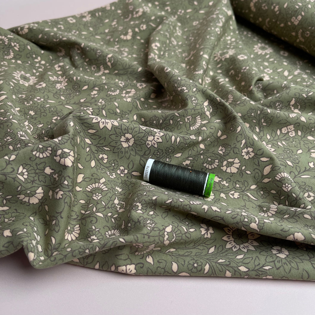 Sweet Flowers in Moss Green Cotton Jersey Fabric