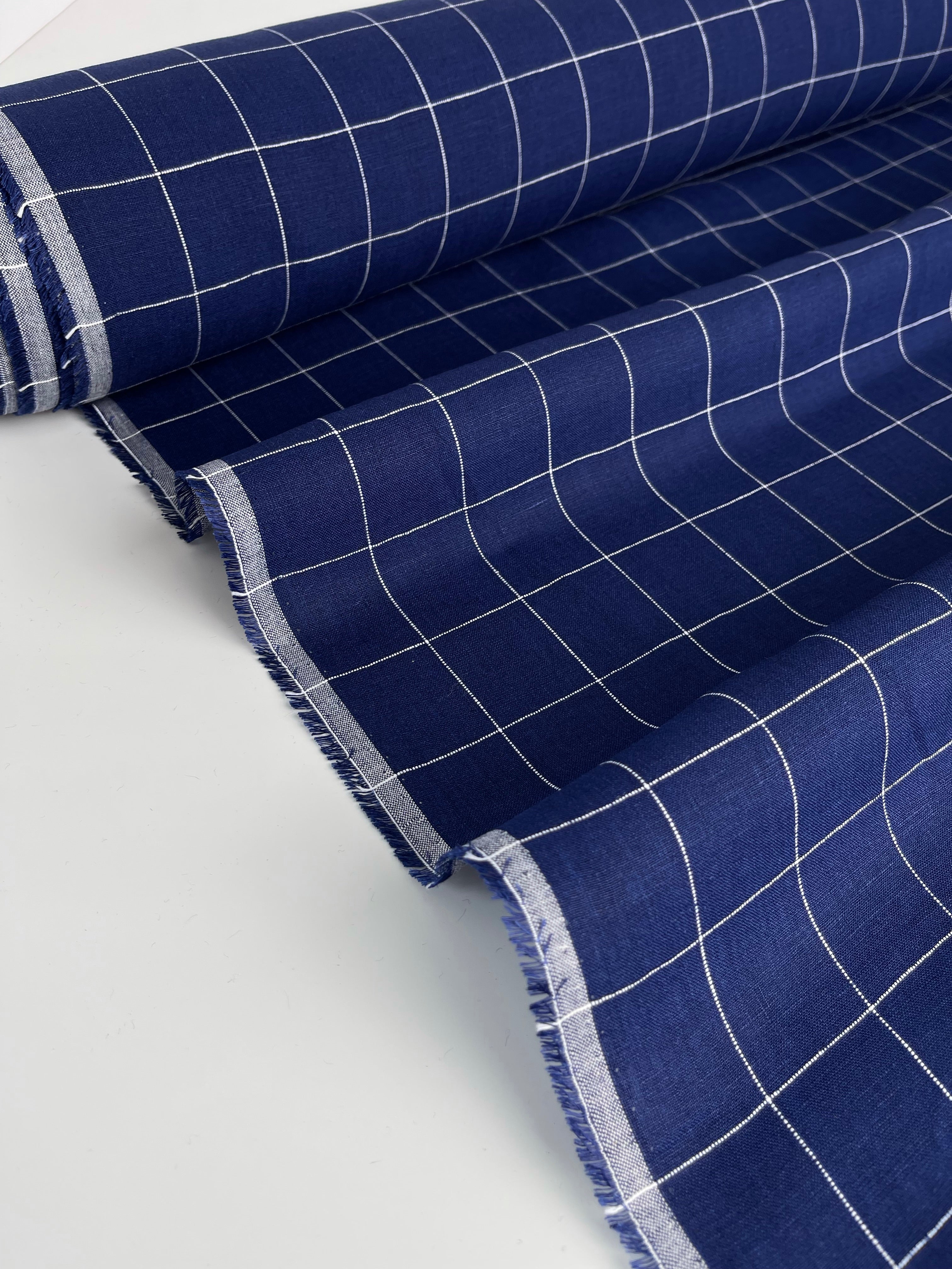 REMNANT 0.67 Metre - Monochrome Checks Cobalt Blue Linen Fabric