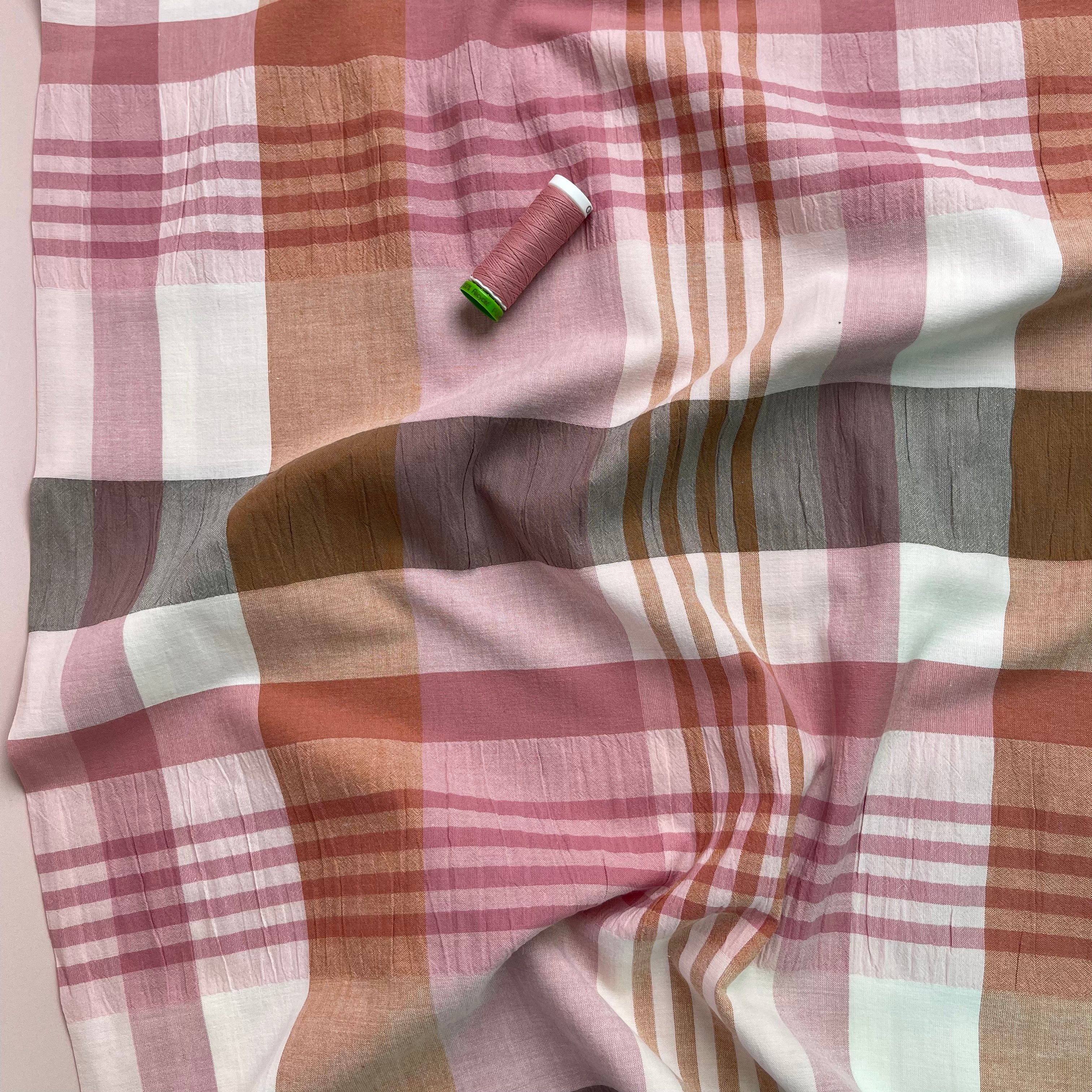 Yarn Dyed Checks in Old Rose Stretch Cotton Fabric