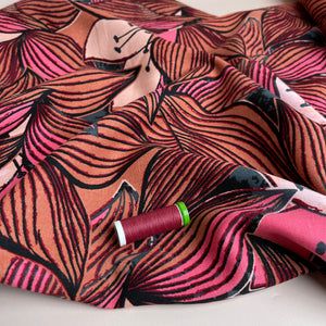 REMNANT 2.83 Metres - Linear Leaves Brown Linen Viscose Blend Fabric