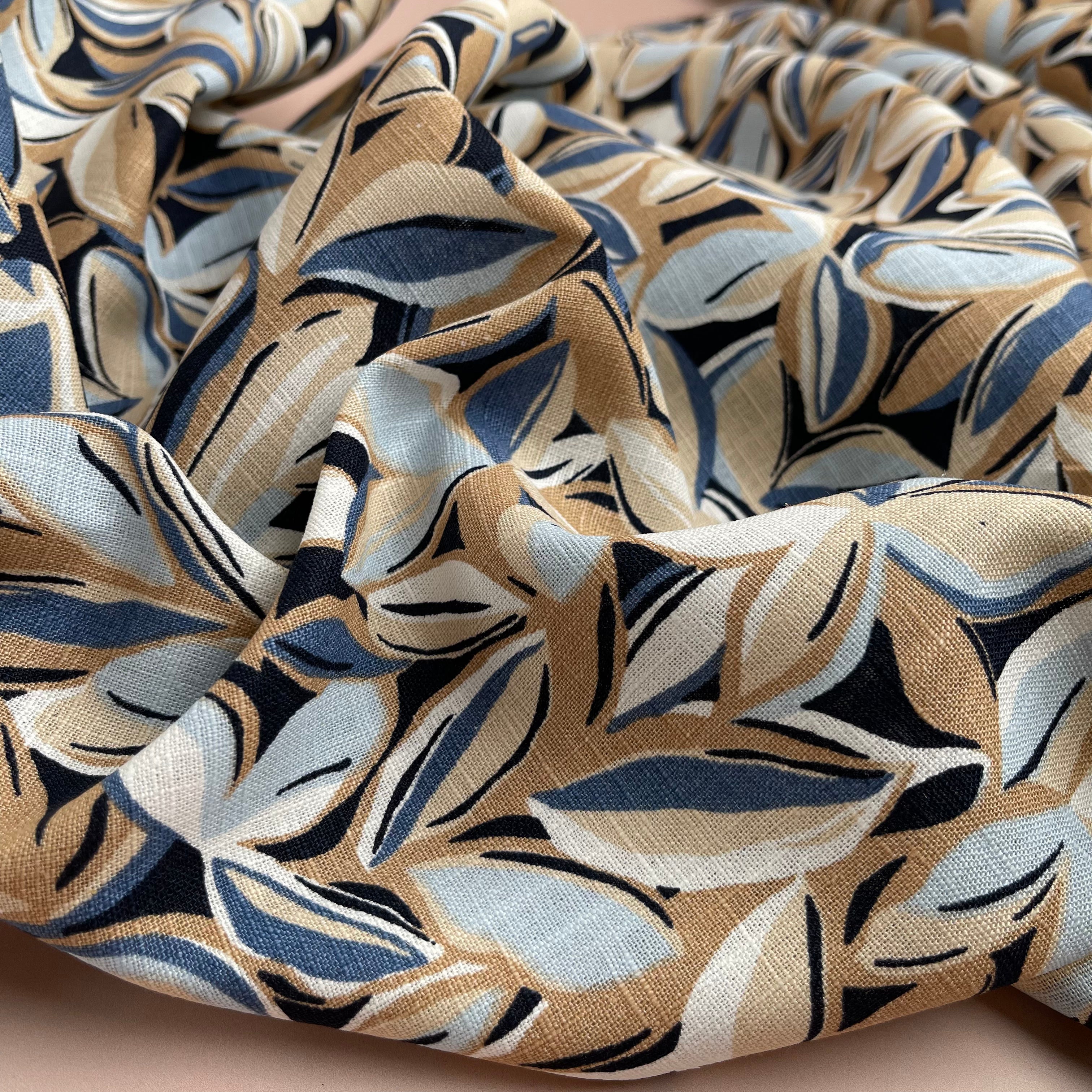 Leaves Enzyme Washed Pure Linen Fabric in Blue