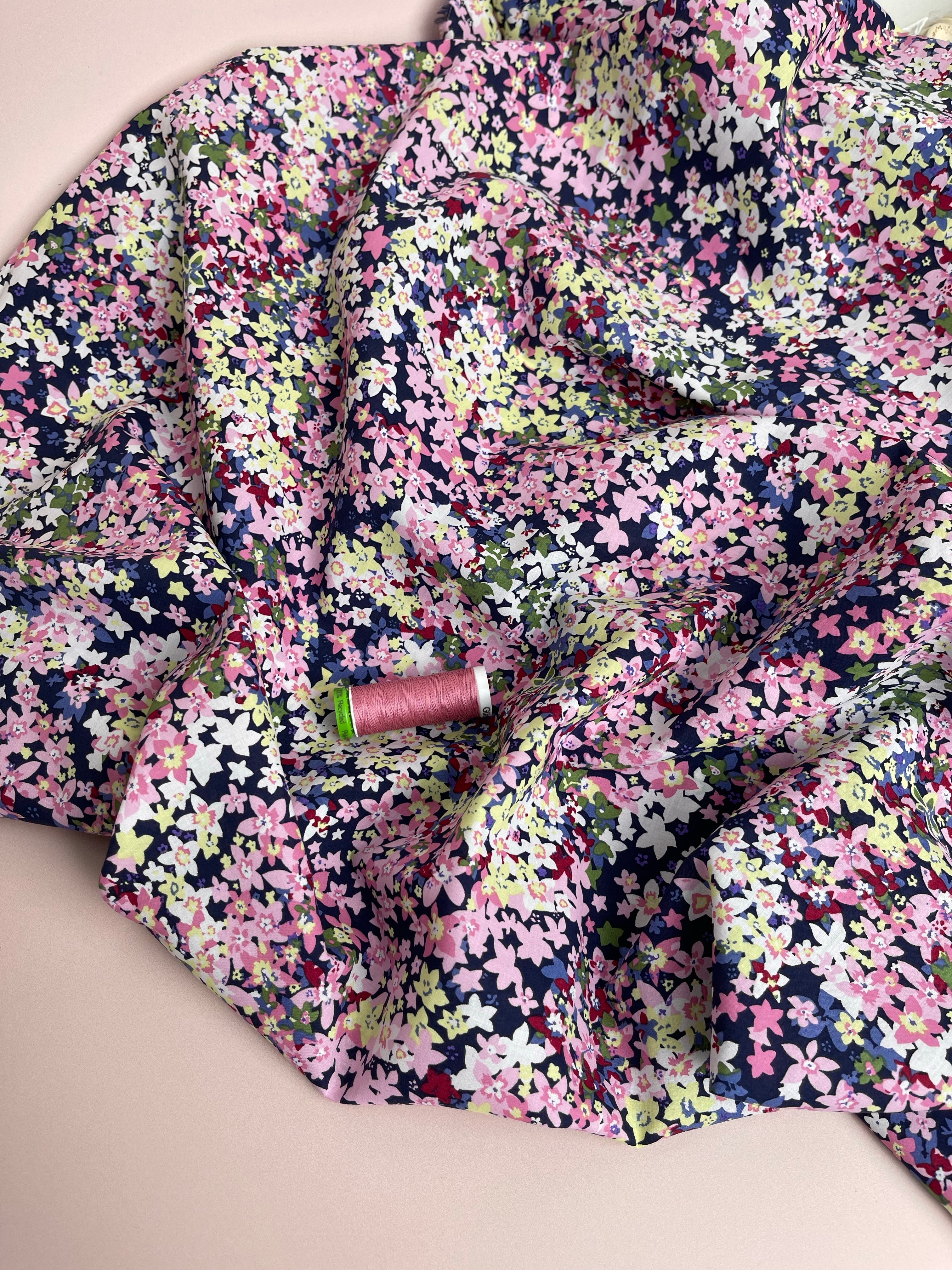 Ditsy Meadow Pink on Navy Cotton Lawn Fabric