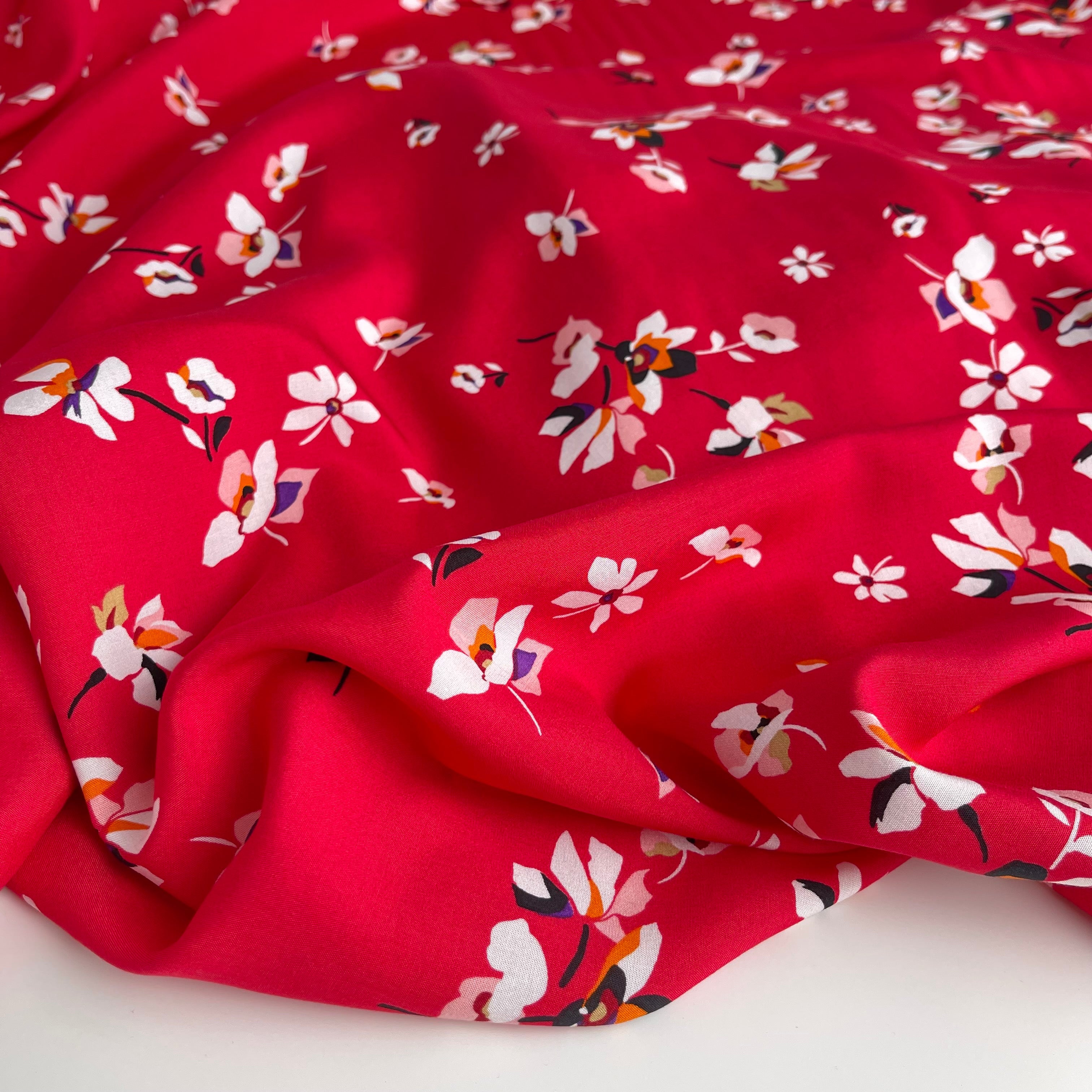 REMNANT 0.55 metre - Flowers on Red Viscose Fabric