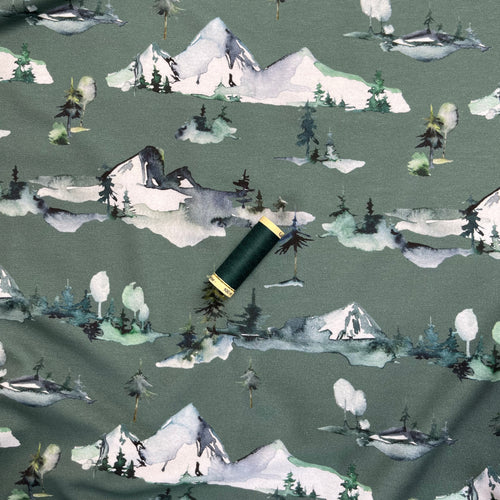 REMNANT 1.14 Metres - Mountains Old Green Cotton French Terry Fabric
