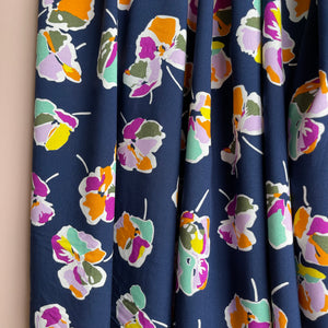 Rainbow Flowers on Navy Viscose Fabric