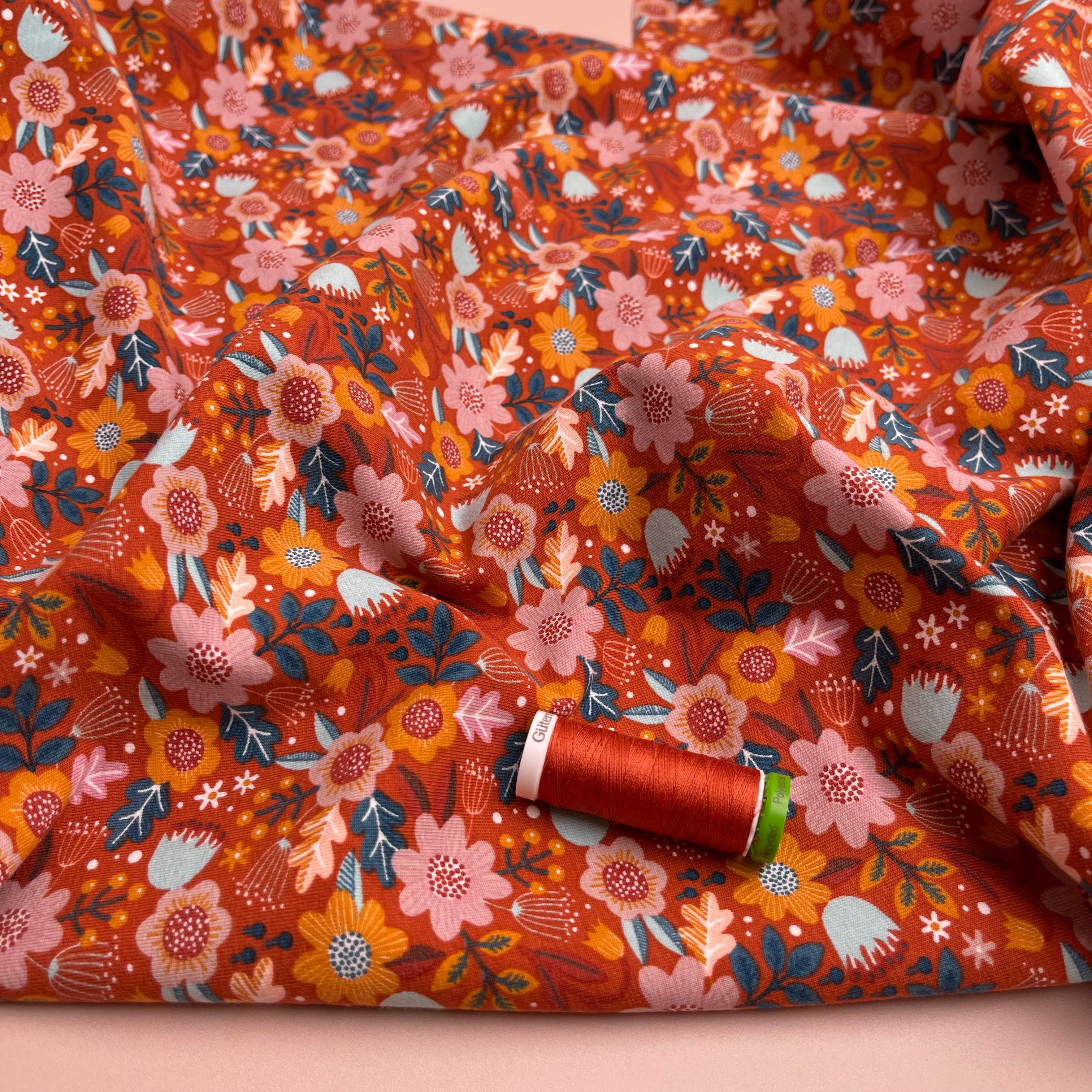 REMNANT 2.82 Metres - Flowers on Burnt Orange GOTS Organic Cotton Jersey Fabric