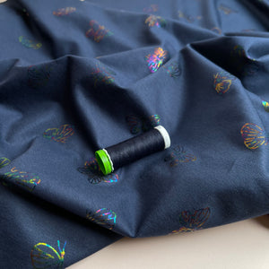 Rainbow Butterflies on Navy Cotton Jersey Fabric