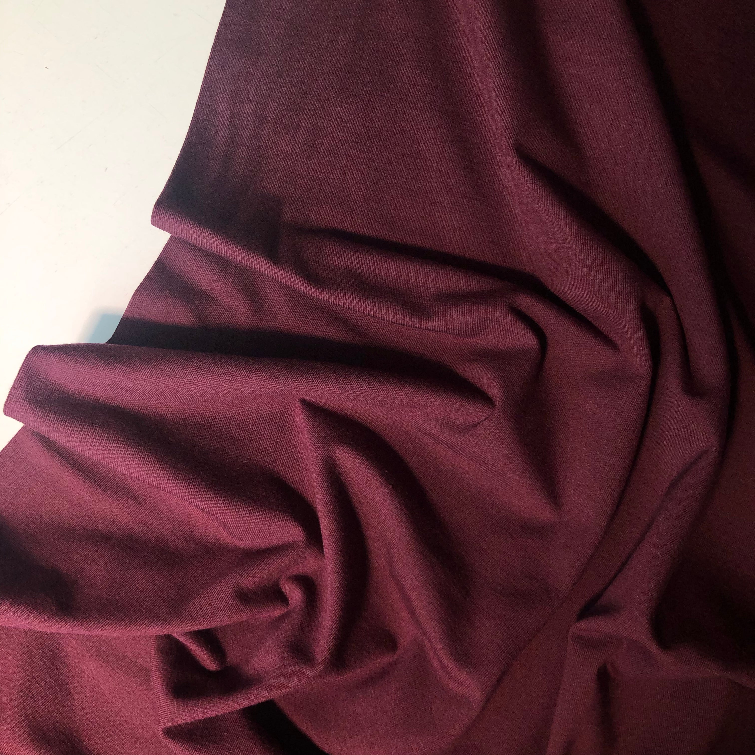 REMNANT 1.35 metres - Essential Chic Aubergine Plain Cotton Jersey Fabric WITH FAULT (pull lines at every 4cm)