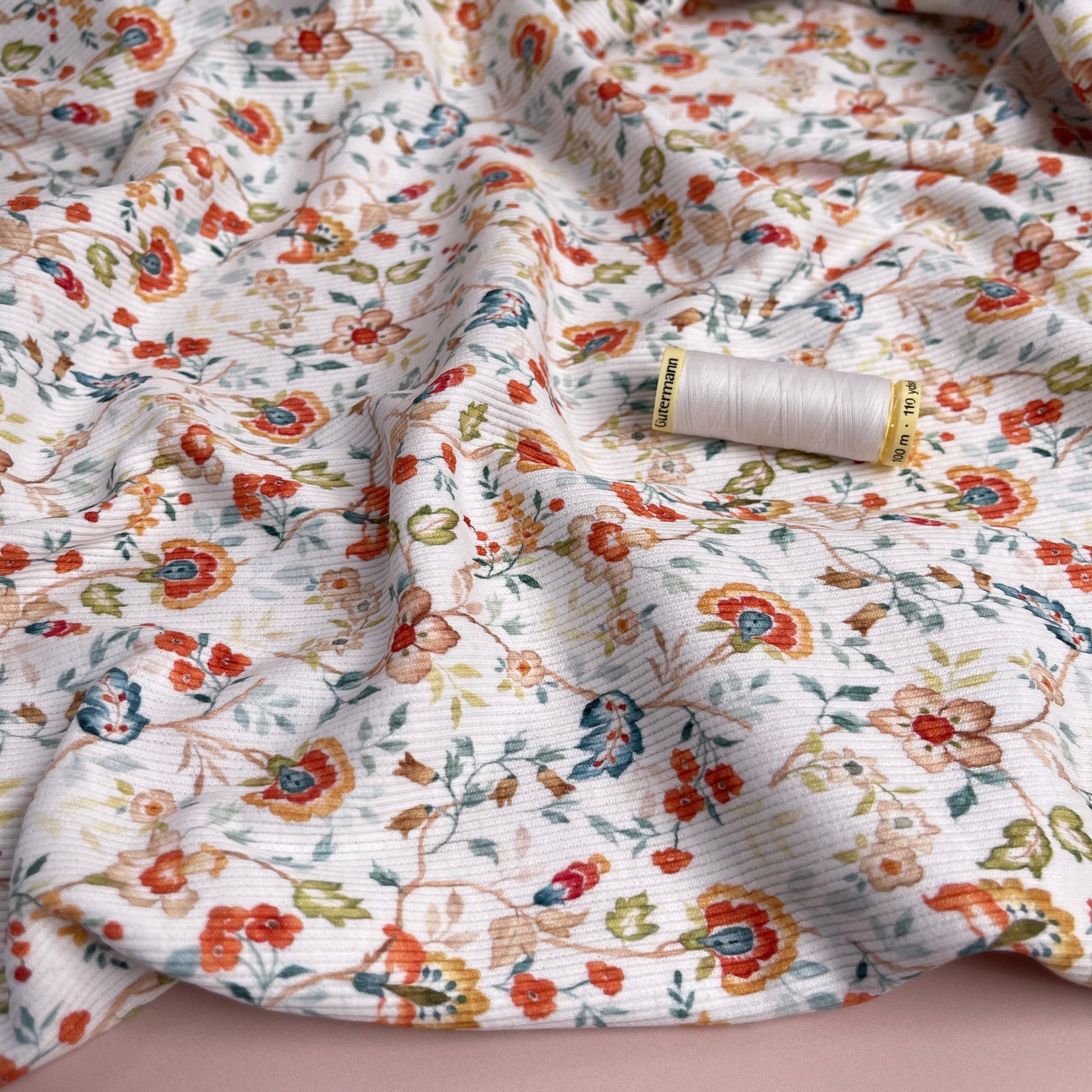 Flowers on White Cotton Ribbed Jersey