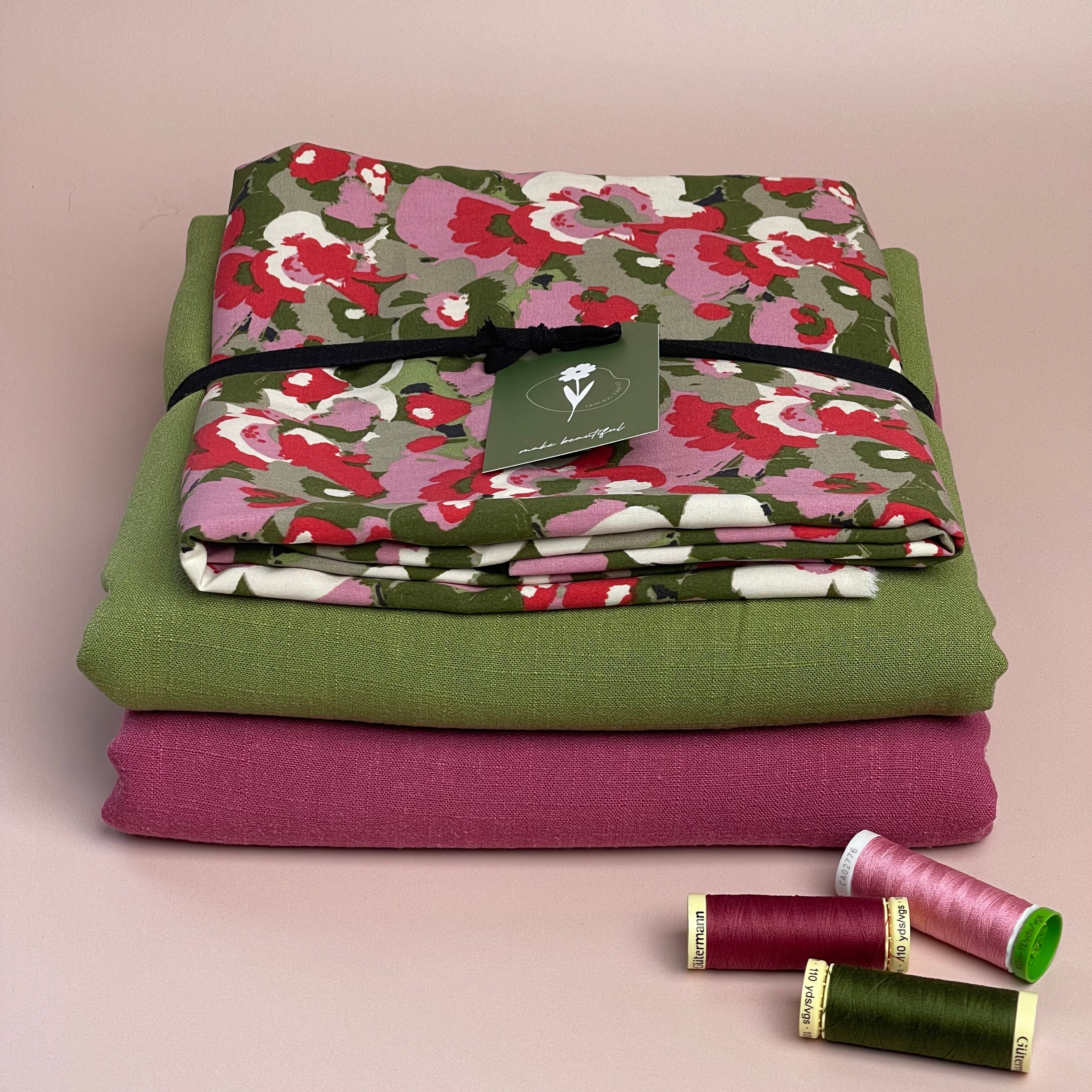 REMNANT 2.64 Metres - Abstract Petals in Pink and Green Viscose Poplin Fabric