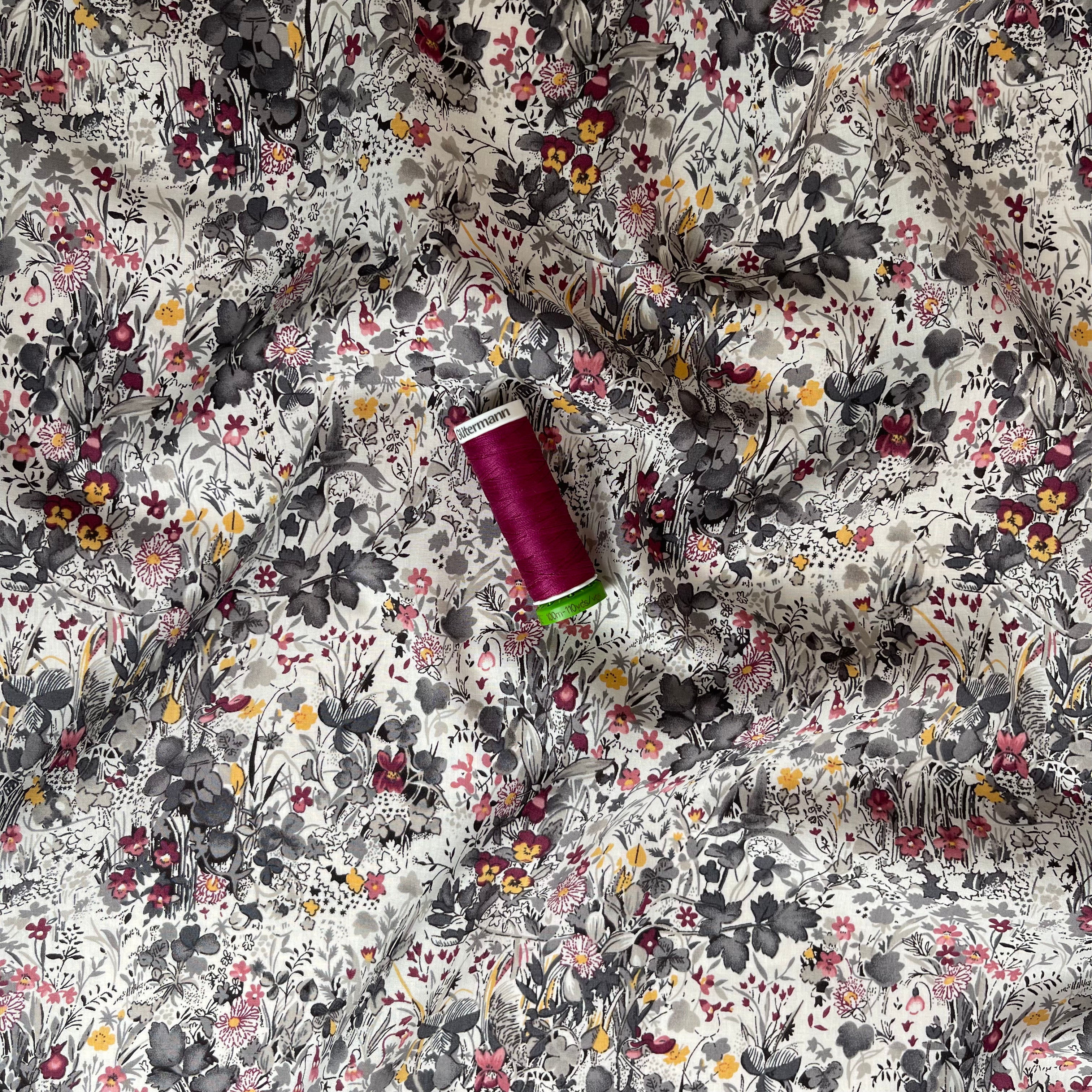 Viola Tricolour Charcoal with Berry Cotton Lawn Fabric