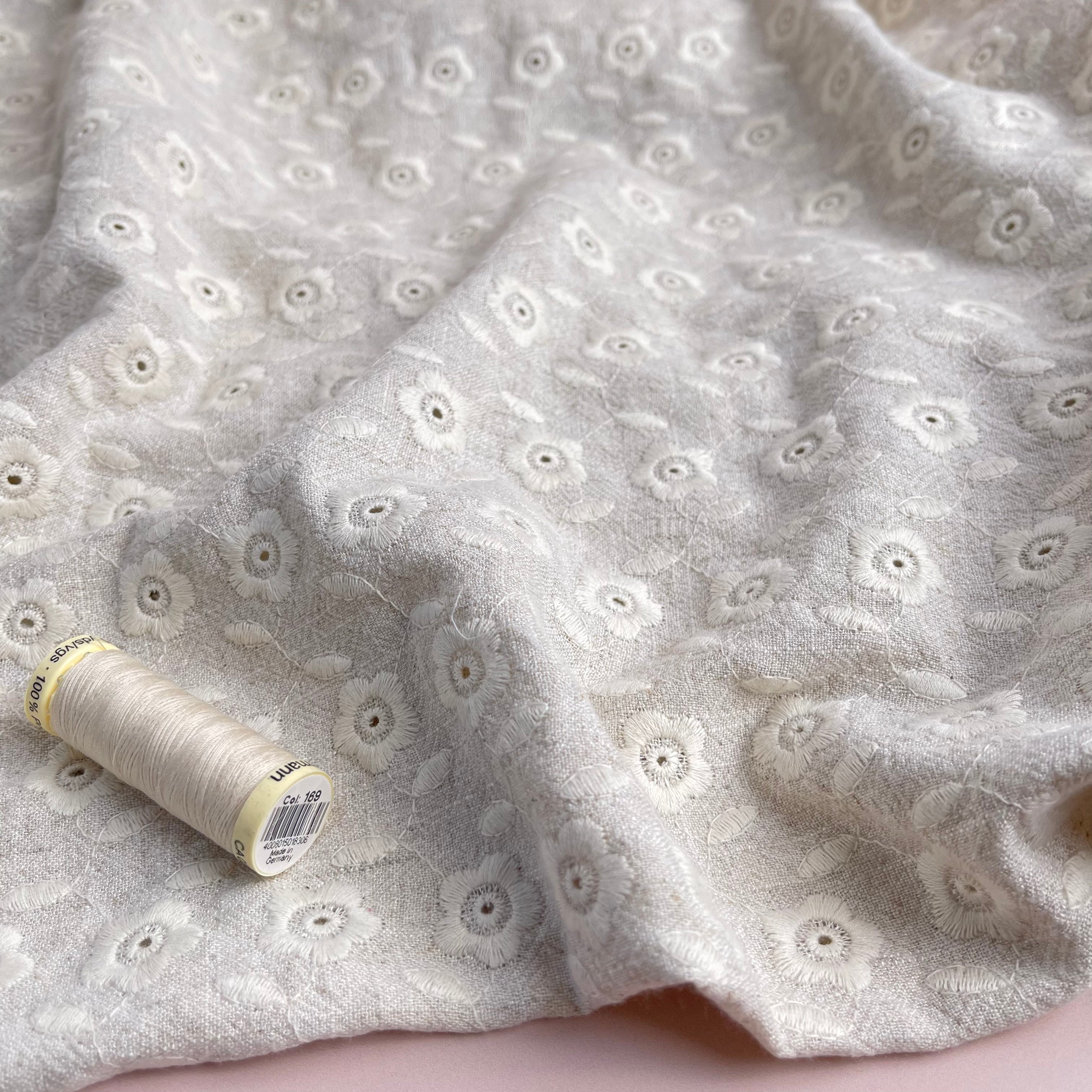 Daisy Chain Embroidered Linen Viscose Blend Fabric Natural