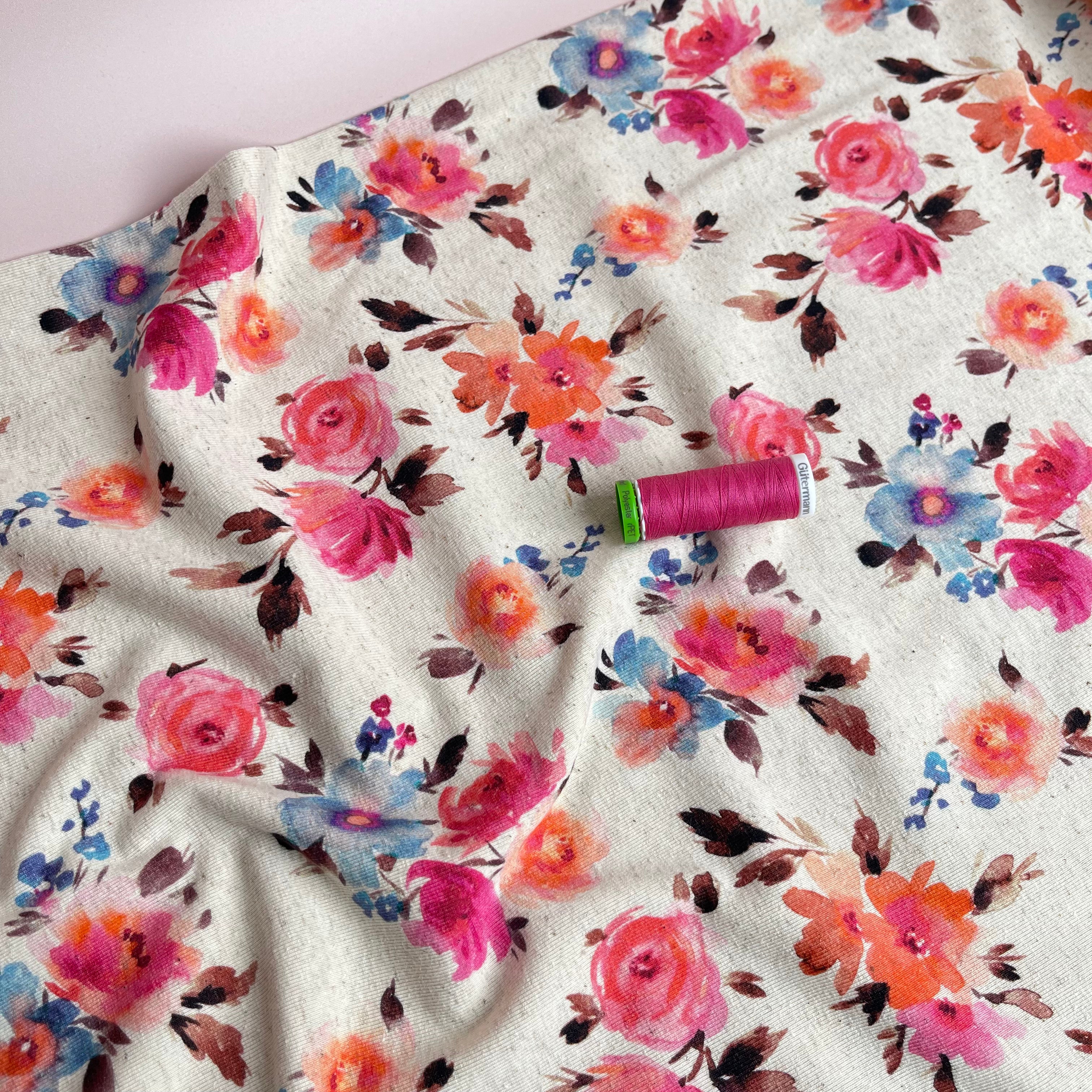 REMNANT 1.2 Metres - Painted Flowers in Pink Linen Cotton Jersey