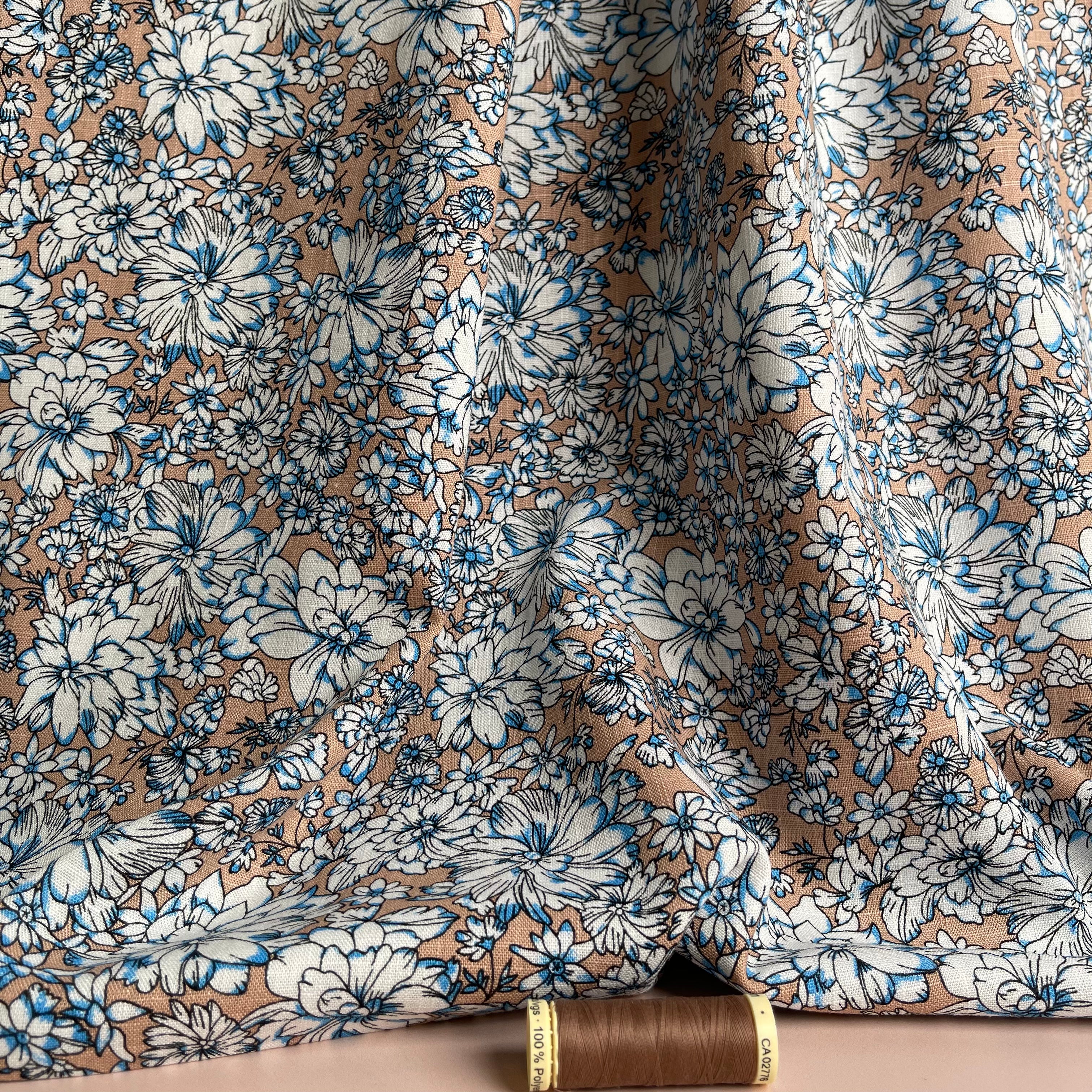 Dahlias on Sand Linen Viscose Blend Fabric