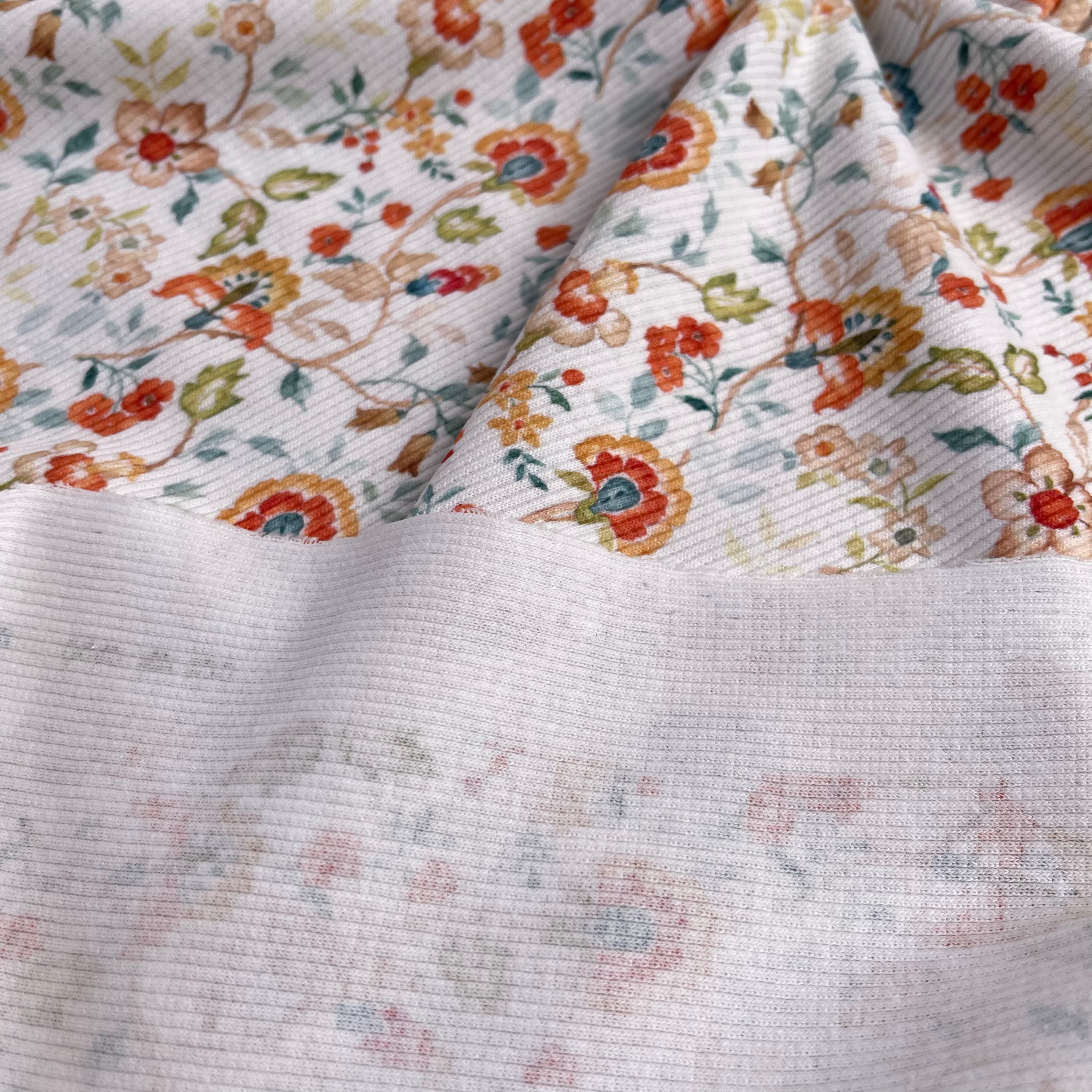 Flowers on White Cotton Ribbed Jersey