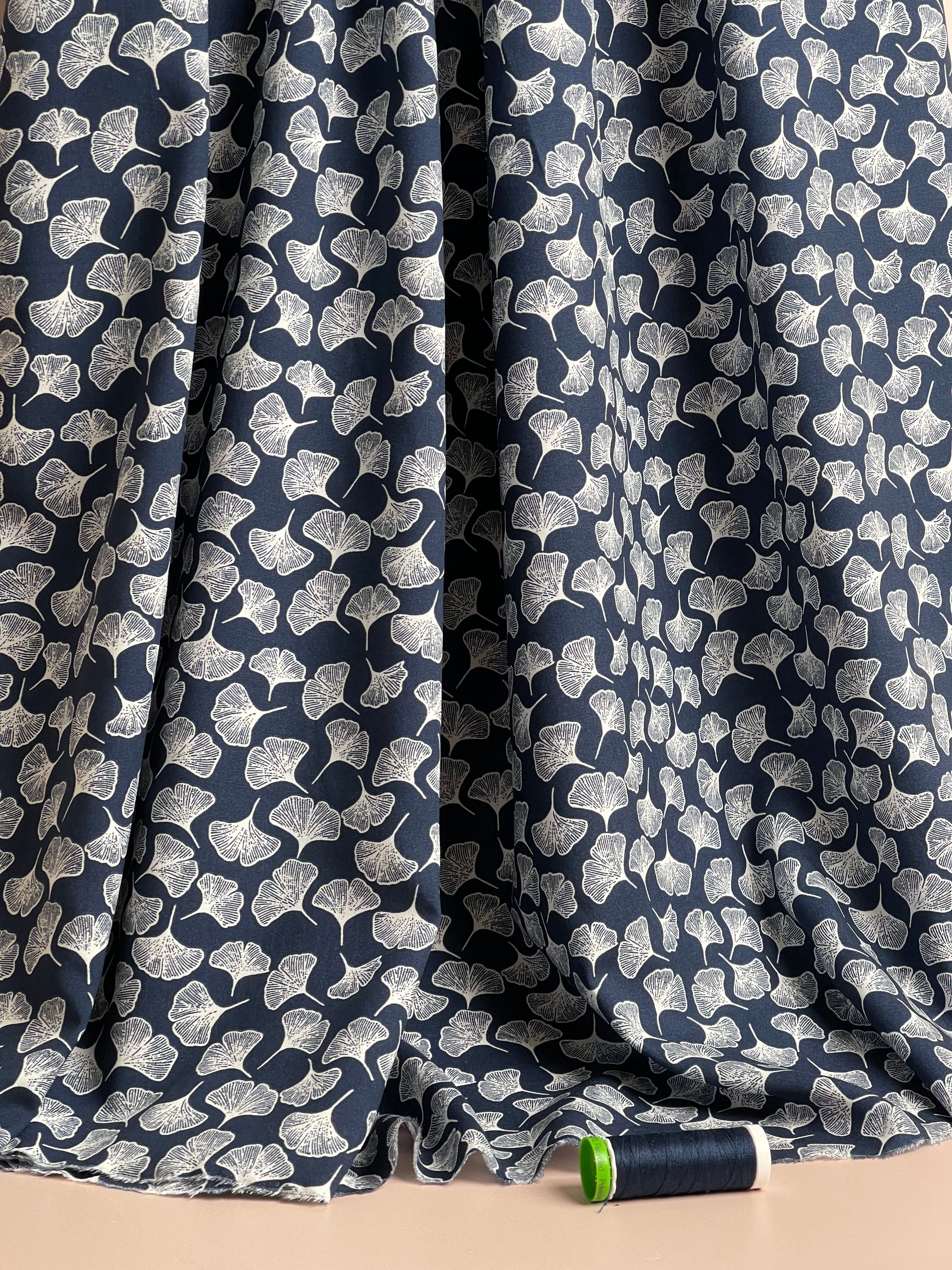 Gingko Navy Blue Viscose Fabric