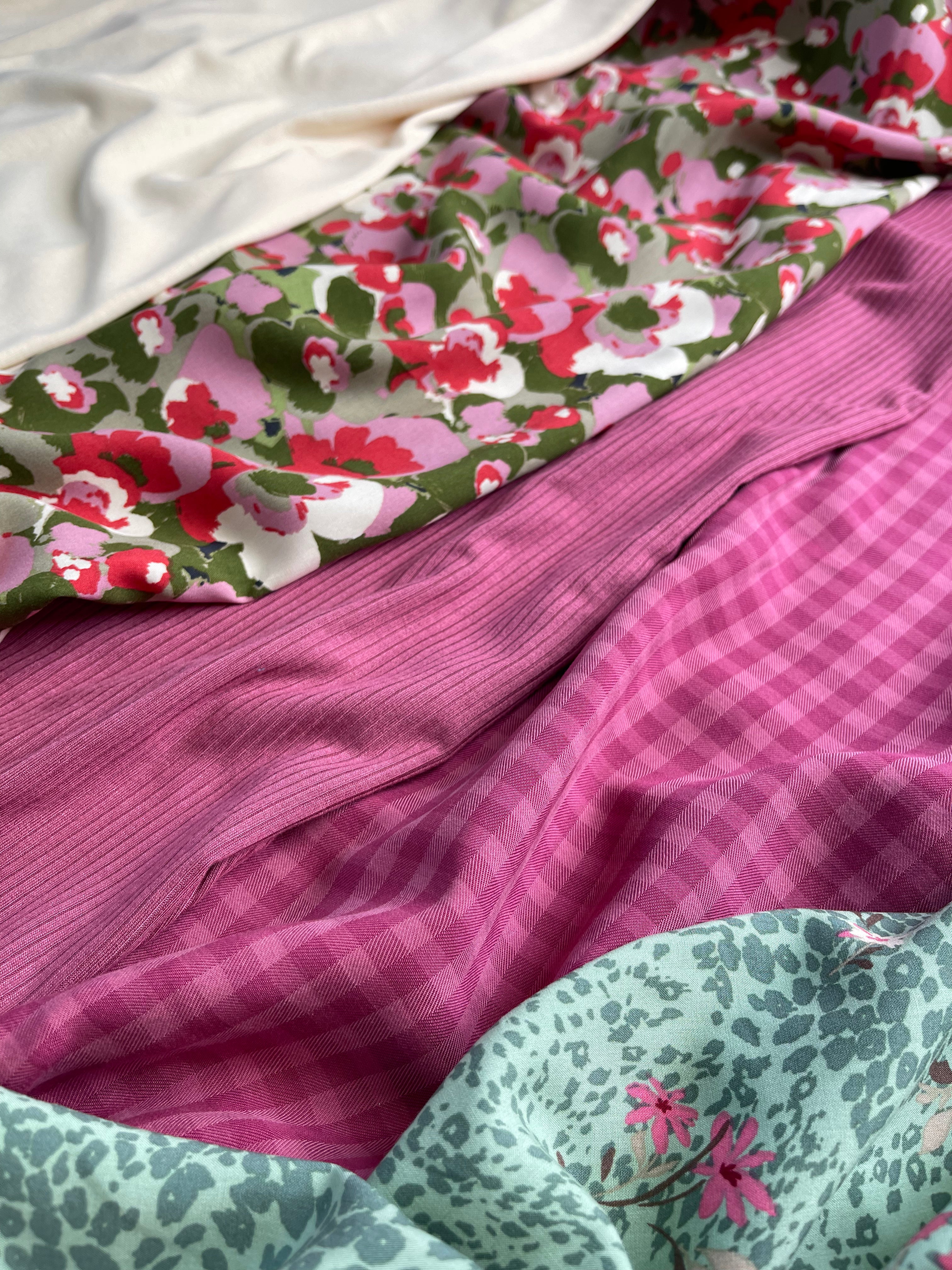 REMNANT 2.64 Metres - Abstract Petals in Pink and Green Viscose Poplin Fabric