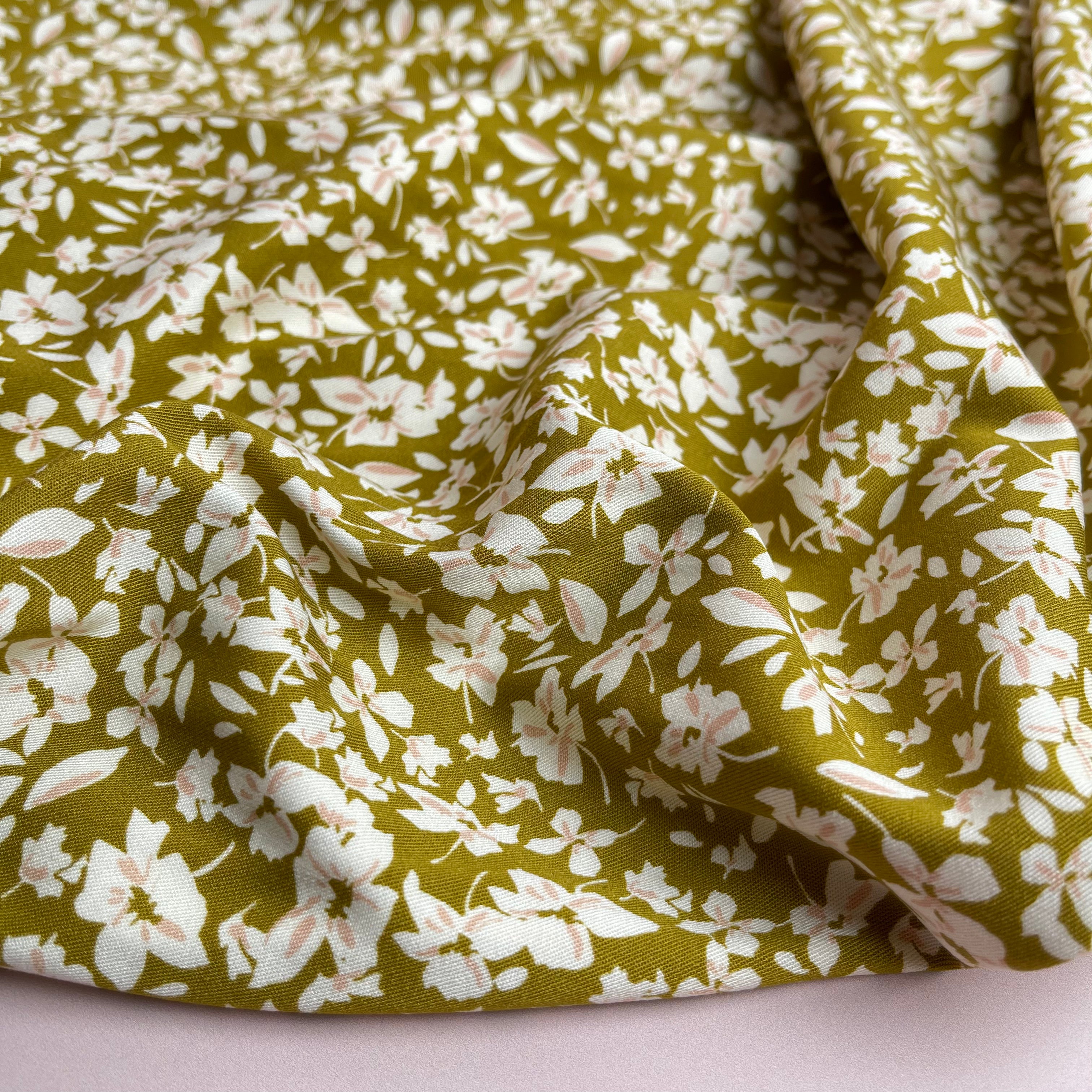 REMNANT 1.14 Metres - Rosella Small Flowers Golden Lime Stretch Viscose Twill
