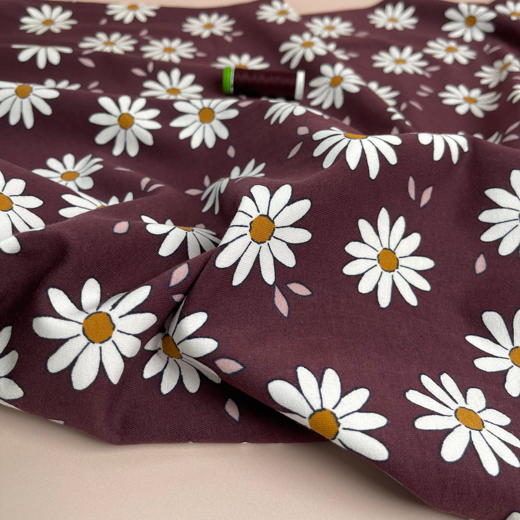 Daisies on Plum Cotton French Terry Fabric
