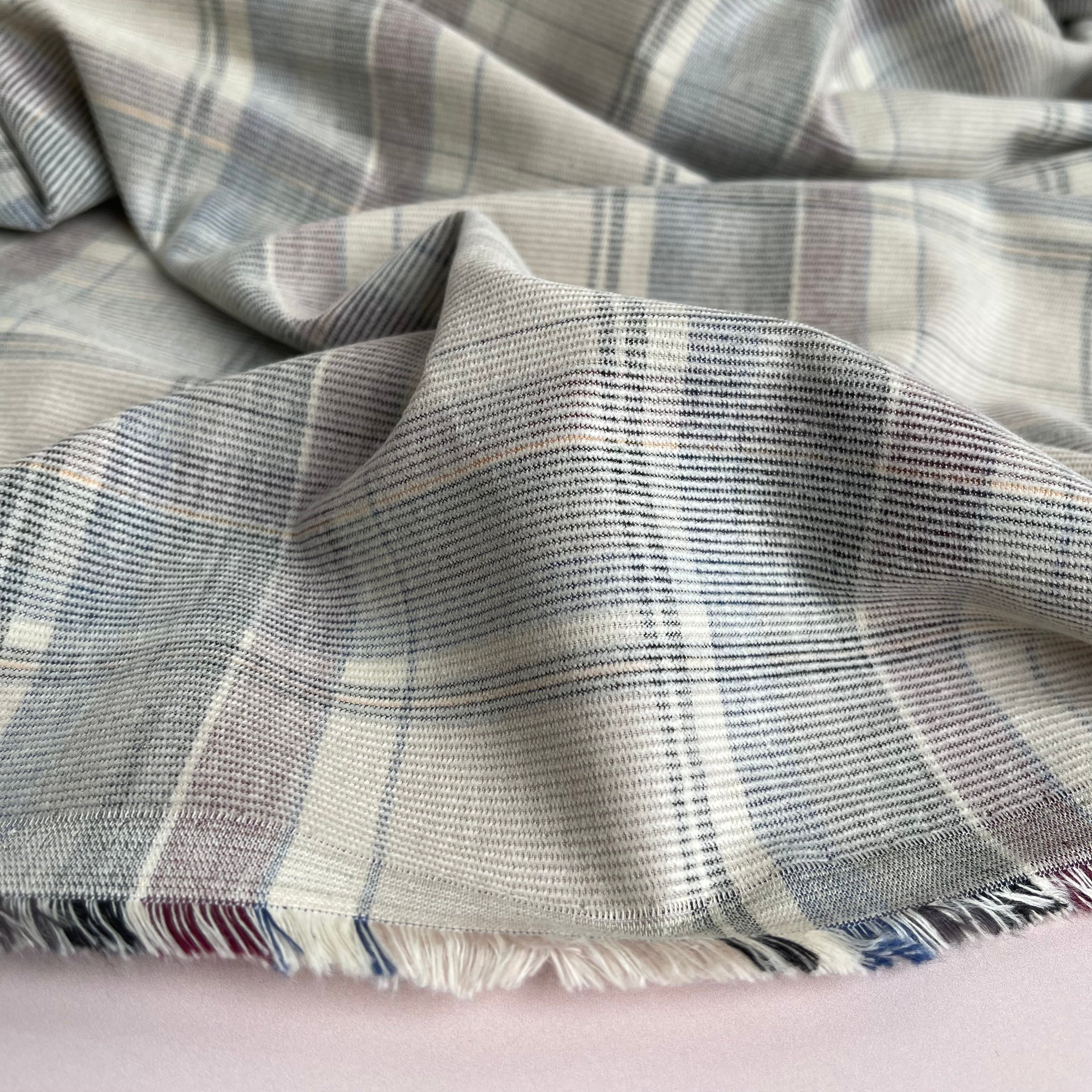 REMNANT 1.15 Metres - Yarn Dyed Checked Cotton Needlecord Fabric in Beige