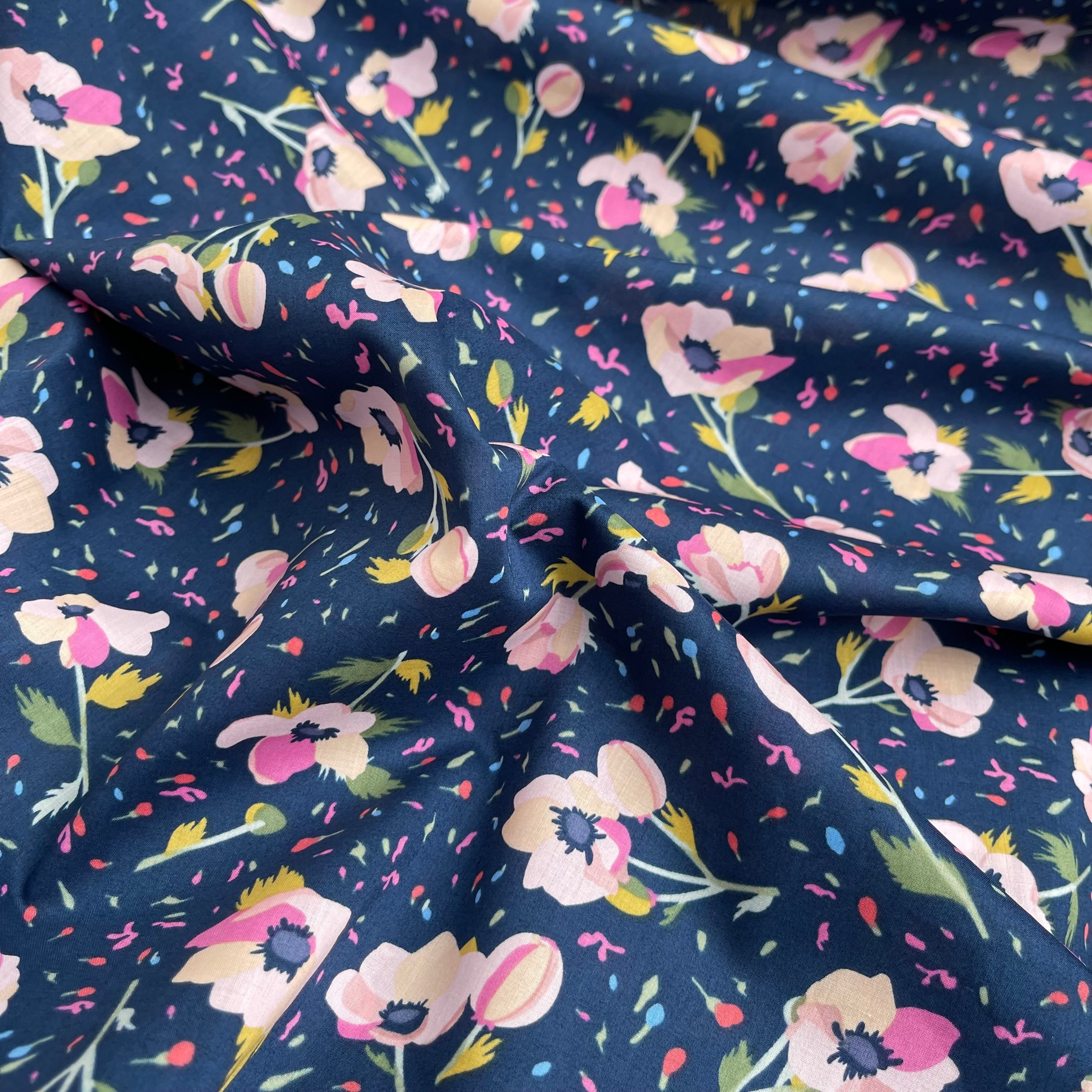 Rosa on Navy Cotton Lawn Fabric