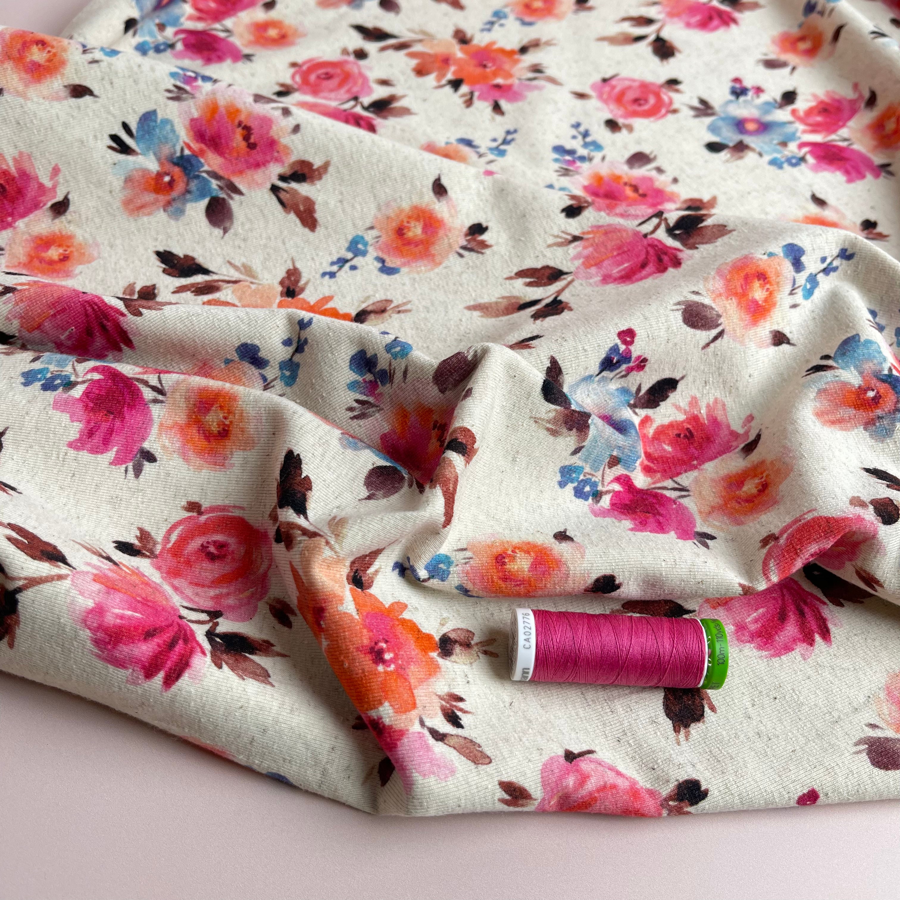 REMNANT 1.2 Metres - Painted Flowers in Pink Linen Cotton Jersey