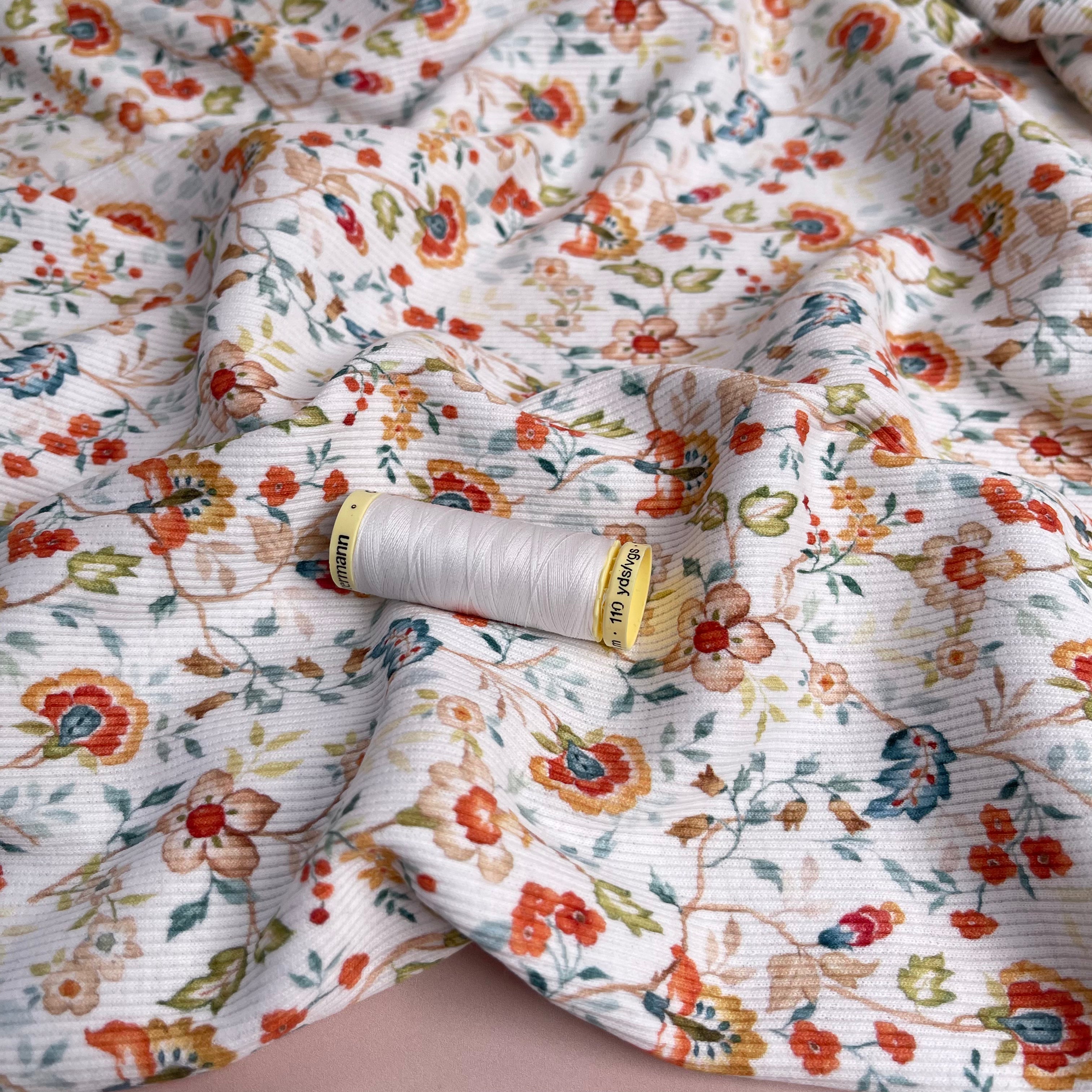 Flowers on White Cotton Ribbed Jersey