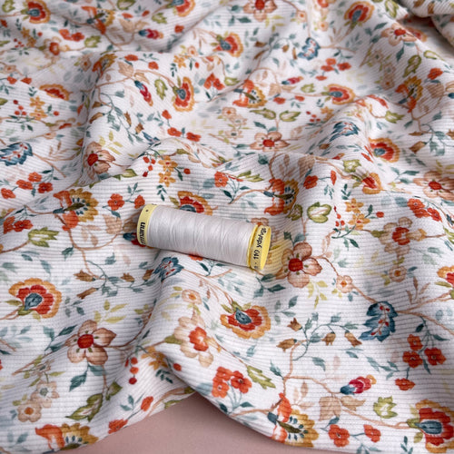 Flowers on White Cotton Ribbed Jersey
