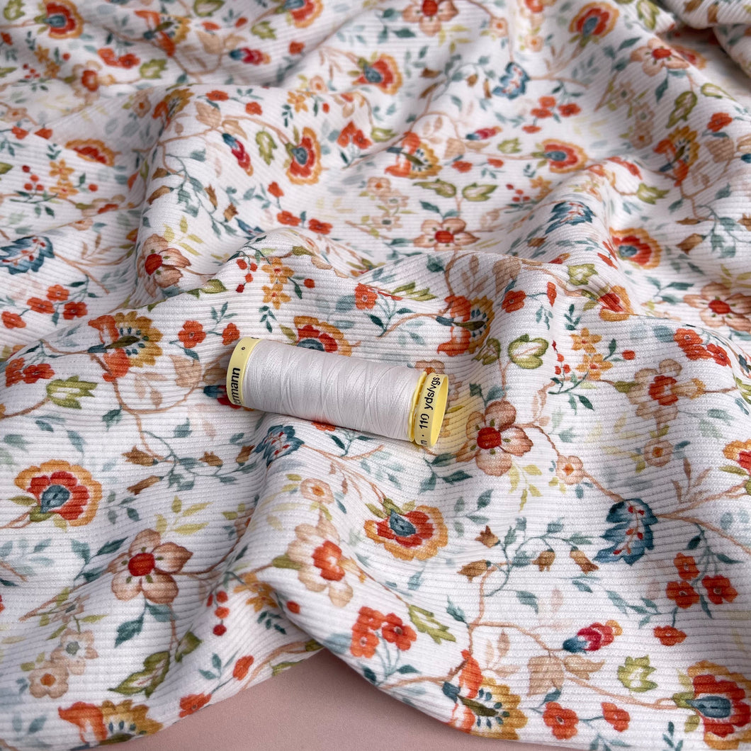 Flowers on White Cotton Ribbed Jersey