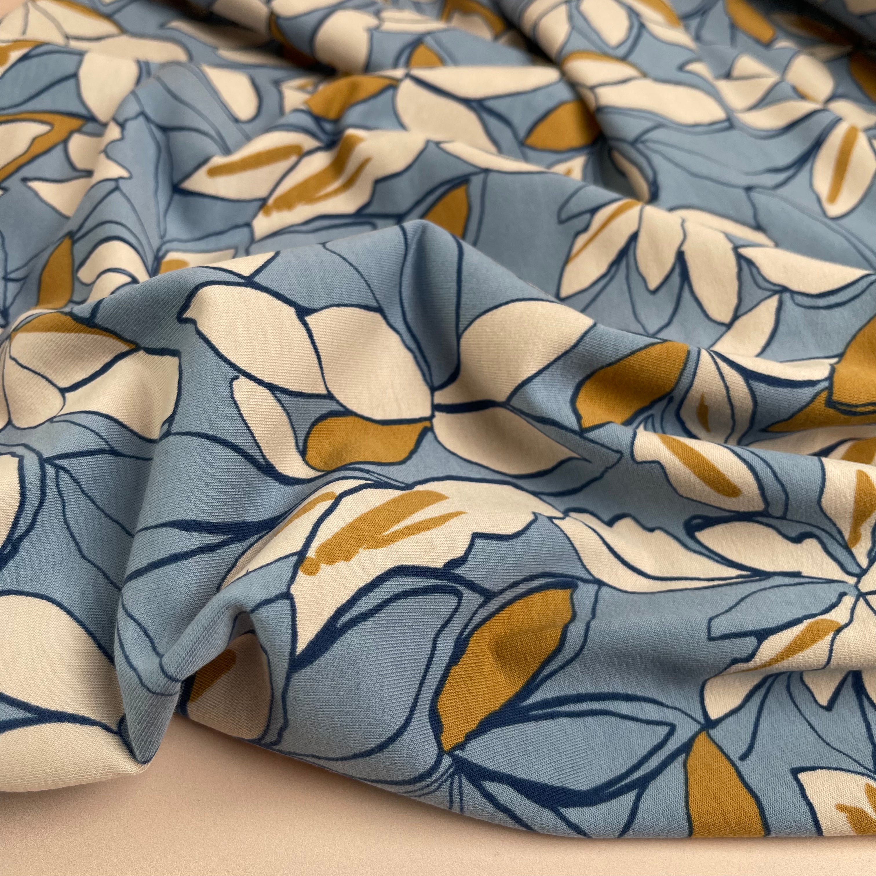 Bold Flowers Light Blue Cotton French Terry Fabric