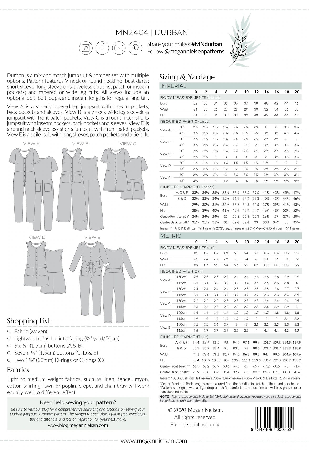 Megan Nielsen - Durban Jumpsuit & Romper Sewing Pattern