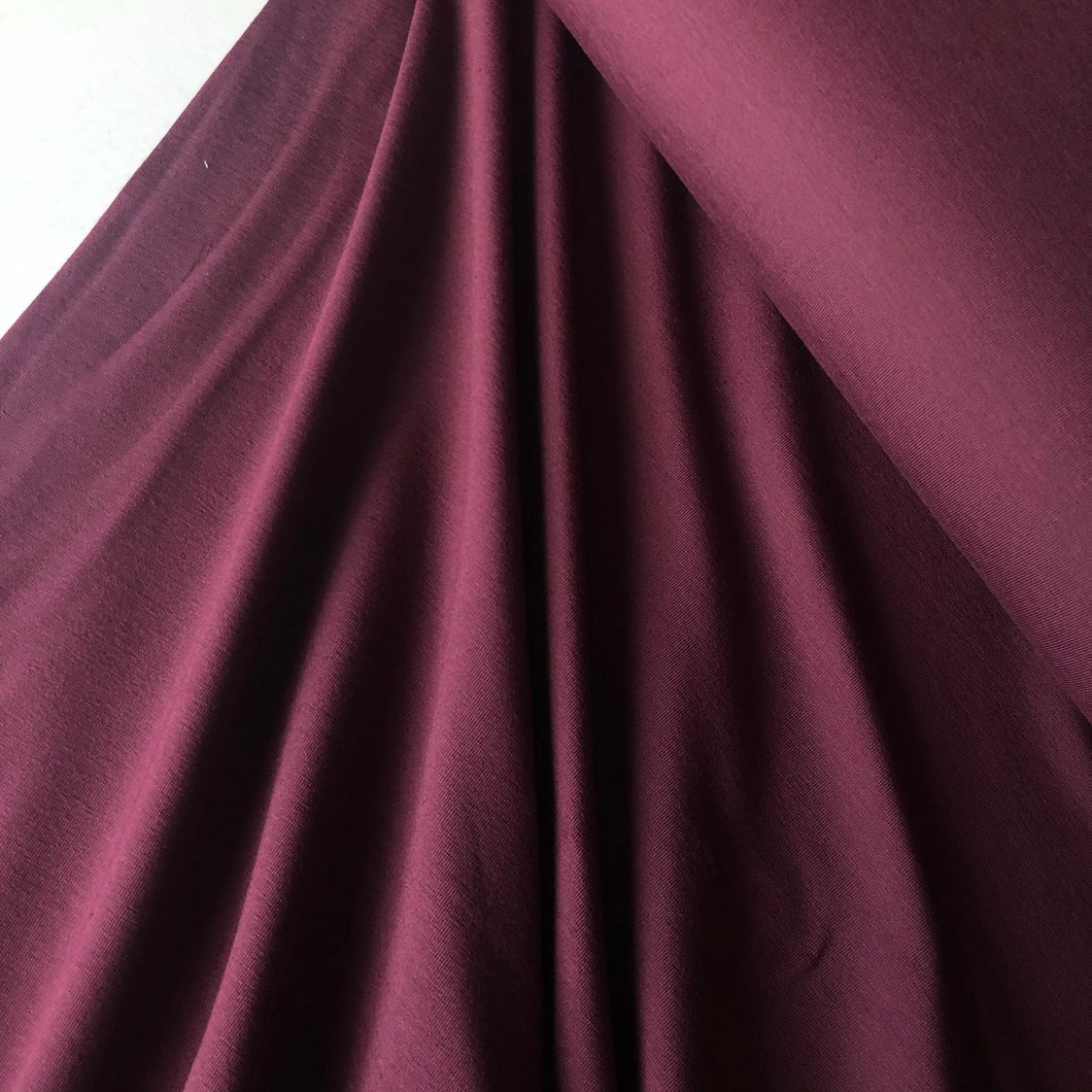 REMNANT 1.35 metres - Essential Chic Aubergine Plain Cotton Jersey Fabric WITH FAULT (pull lines at every 4cm)