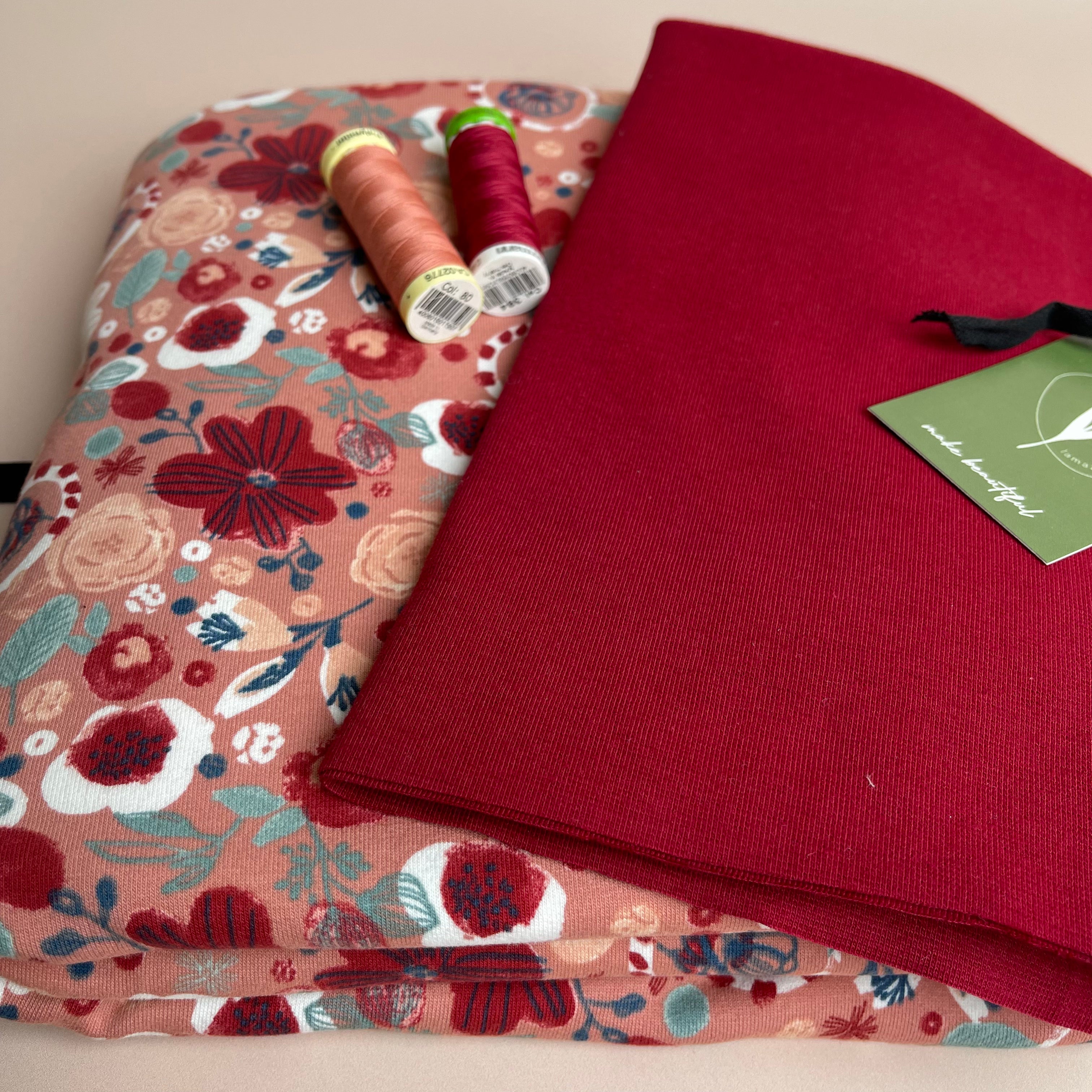 Colour Bundles - Floral Sketch Red Peach Soft Cotton Sweat-shirting and Ribbing Fabrics