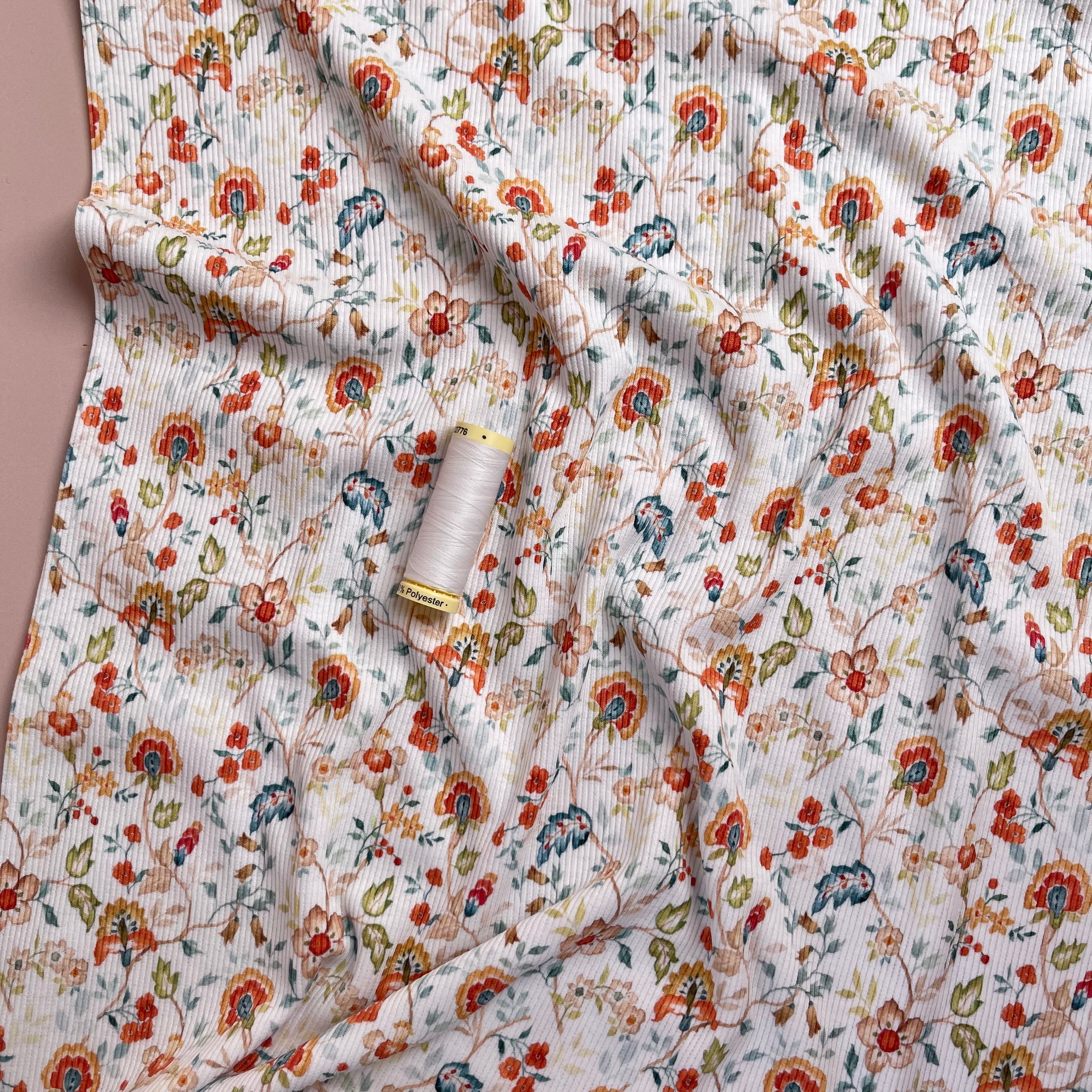 Flowers on White Cotton Ribbed Jersey