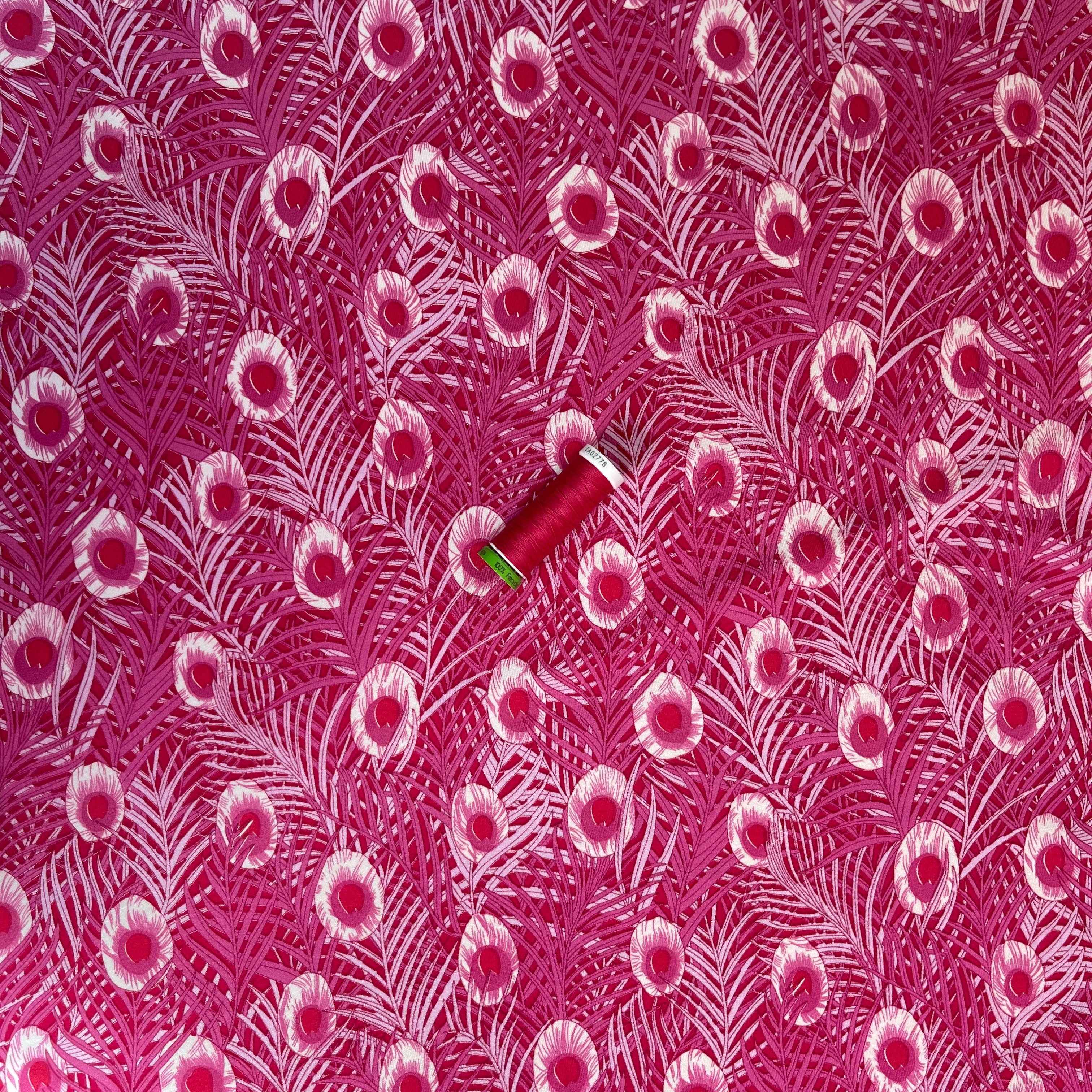 Peacock Feathers Cerise Pink Viscose Jersey Fabric