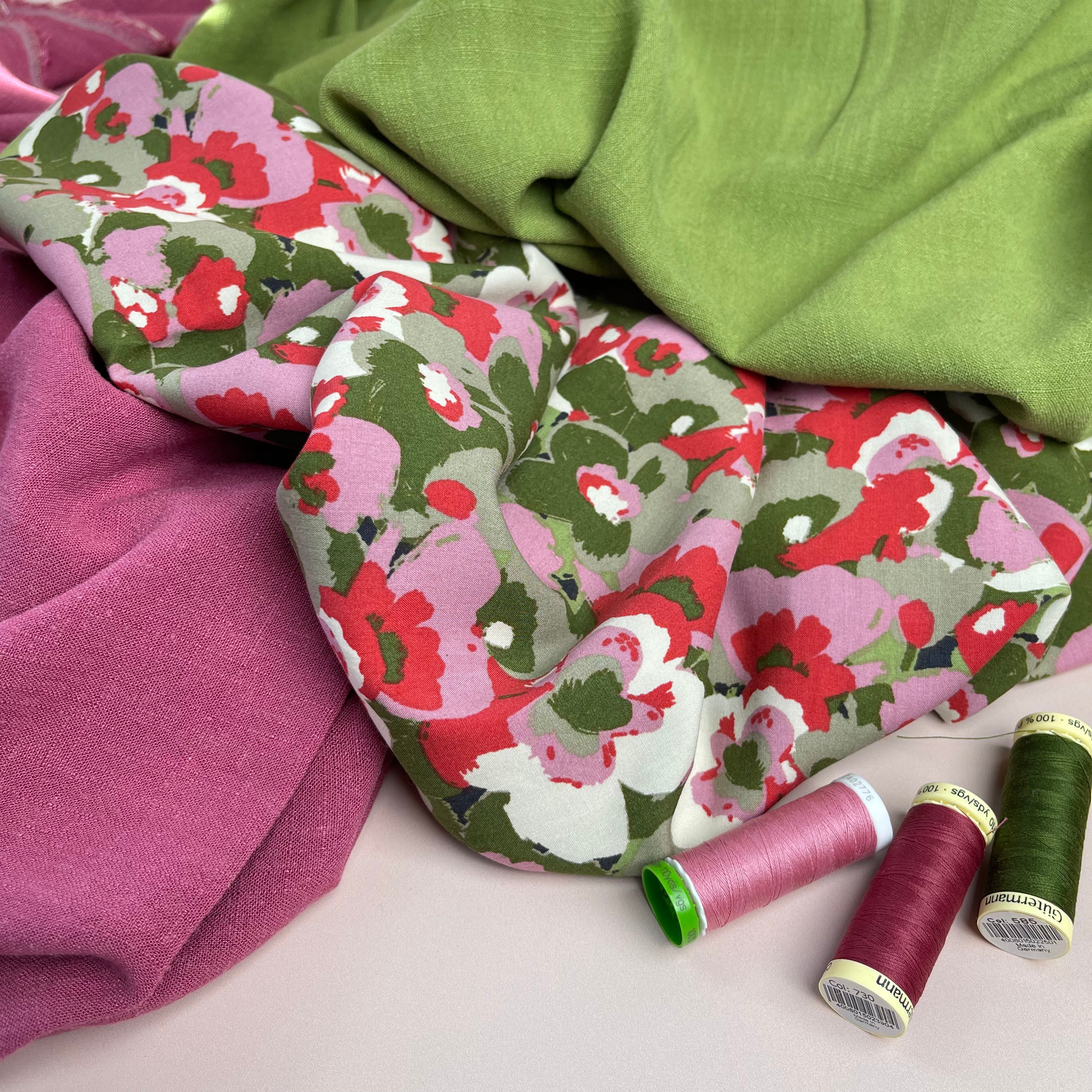 REMNANT 2.64 Metres - Abstract Petals in Pink and Green Viscose Poplin Fabric