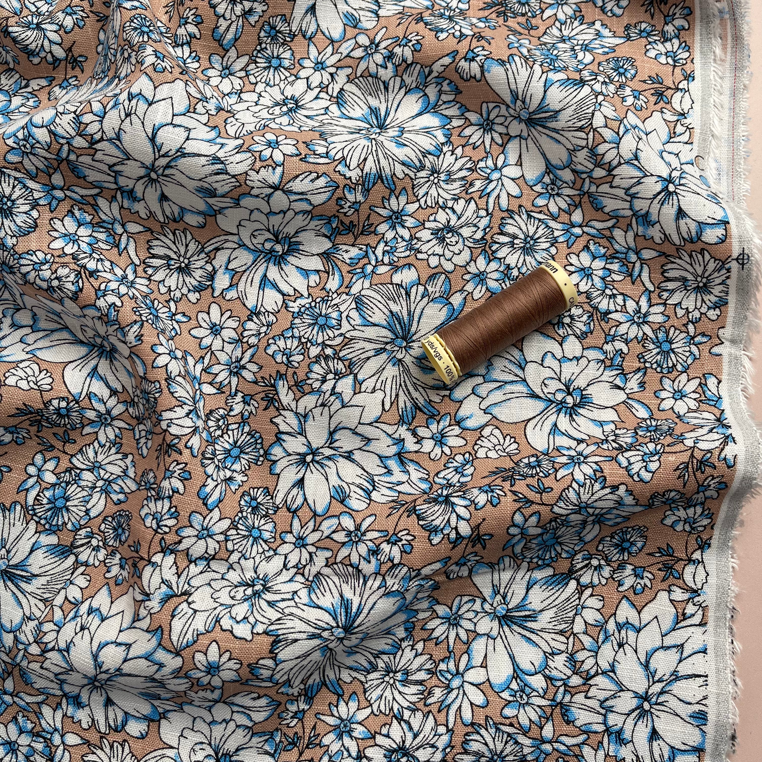 Dahlias on Sand Linen Viscose Blend Fabric