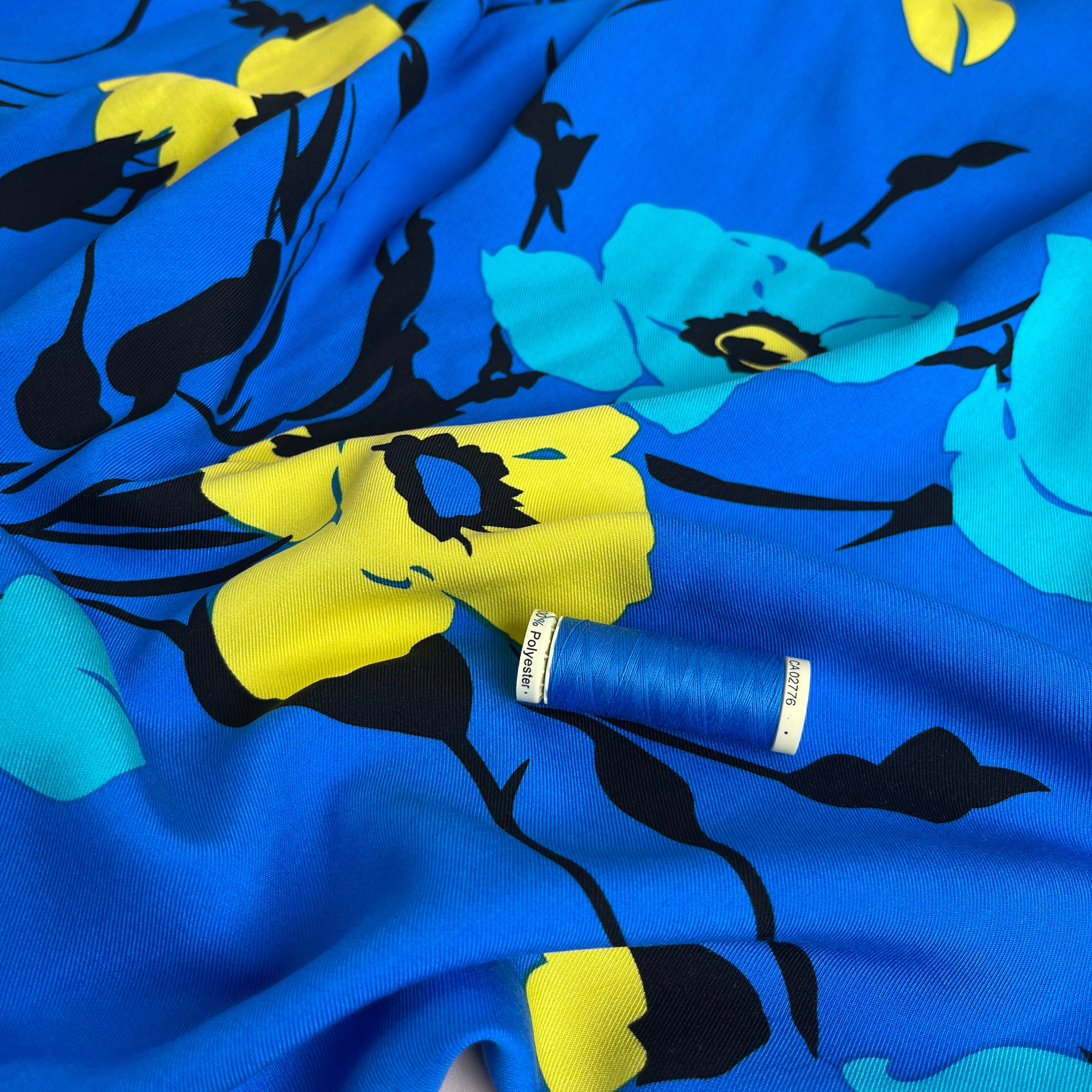 REMNANT 2.03 metres - FAULT apprx. 5cm pull in the centre - Bold Flowers in Brilliant Blue Viscose Twill Fabric