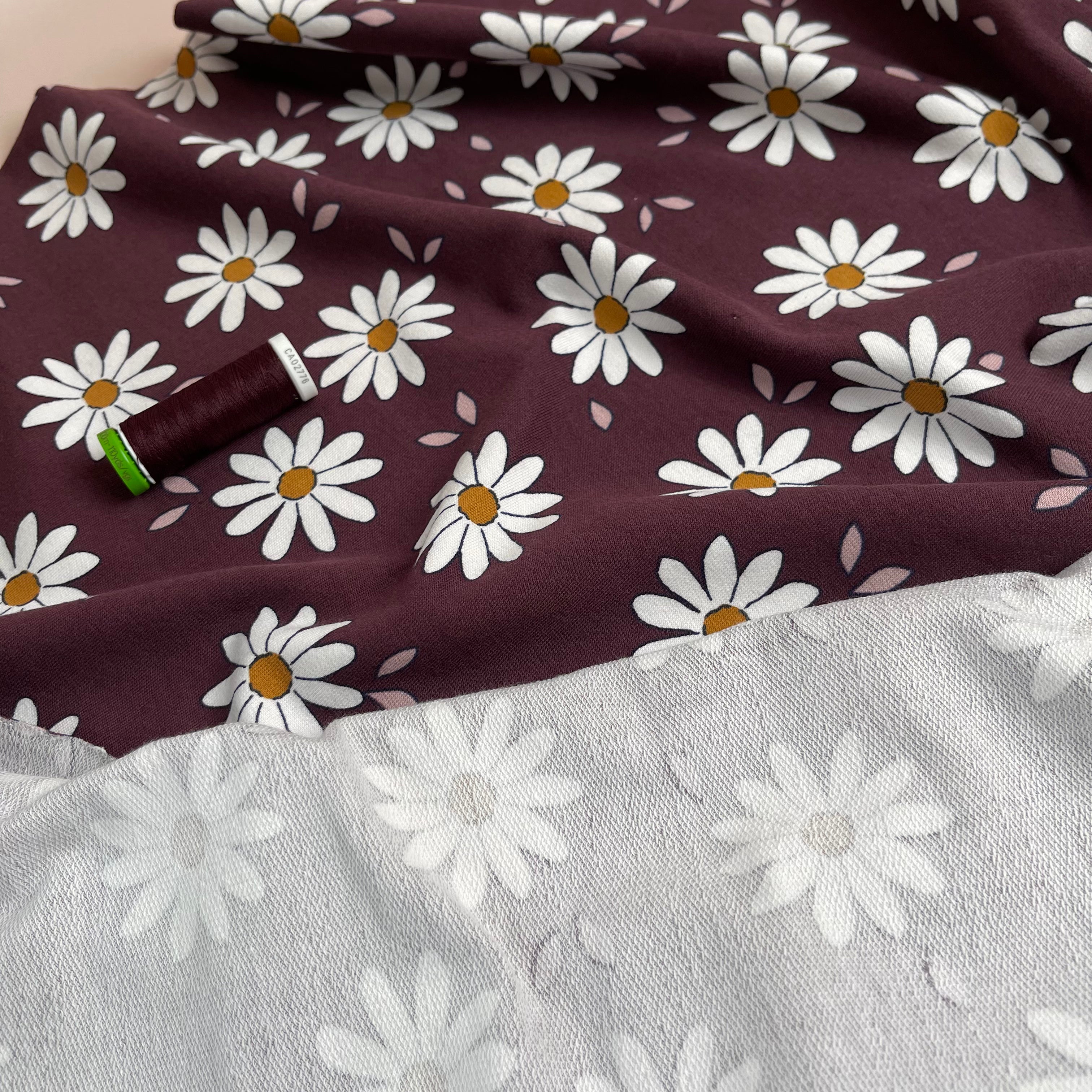 Daisies on Plum Cotton French Terry Fabric