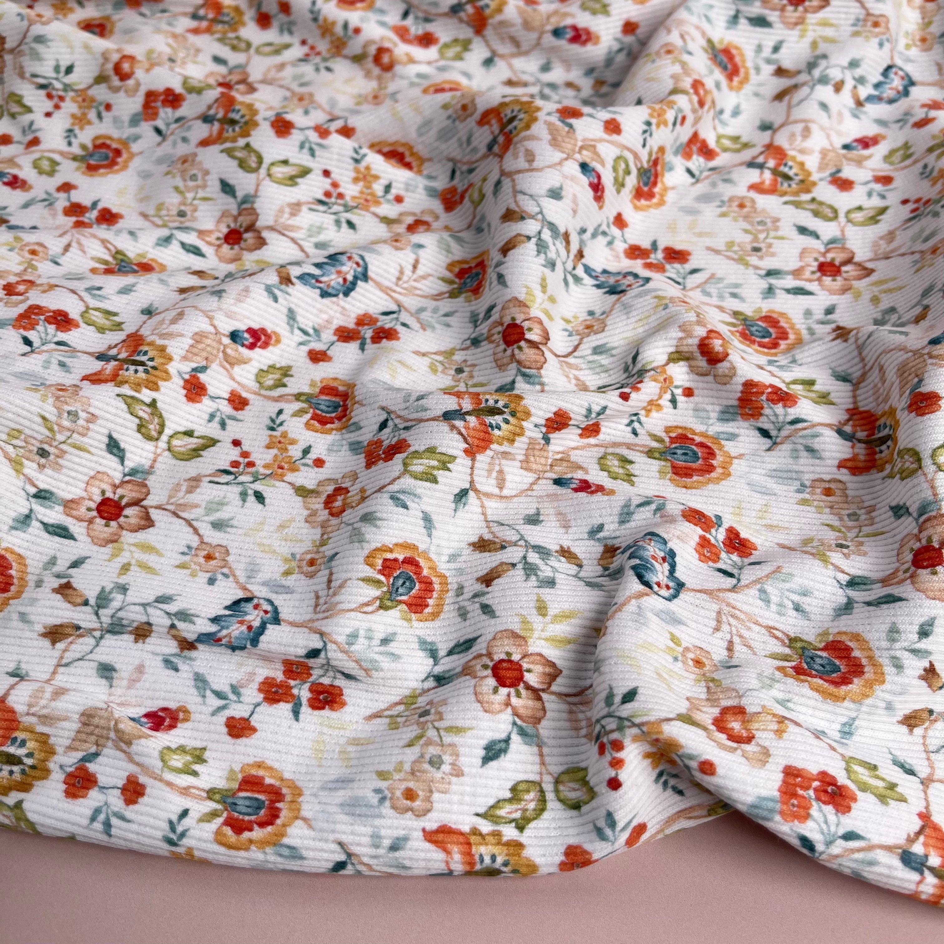 Flowers on White Cotton Ribbed Jersey