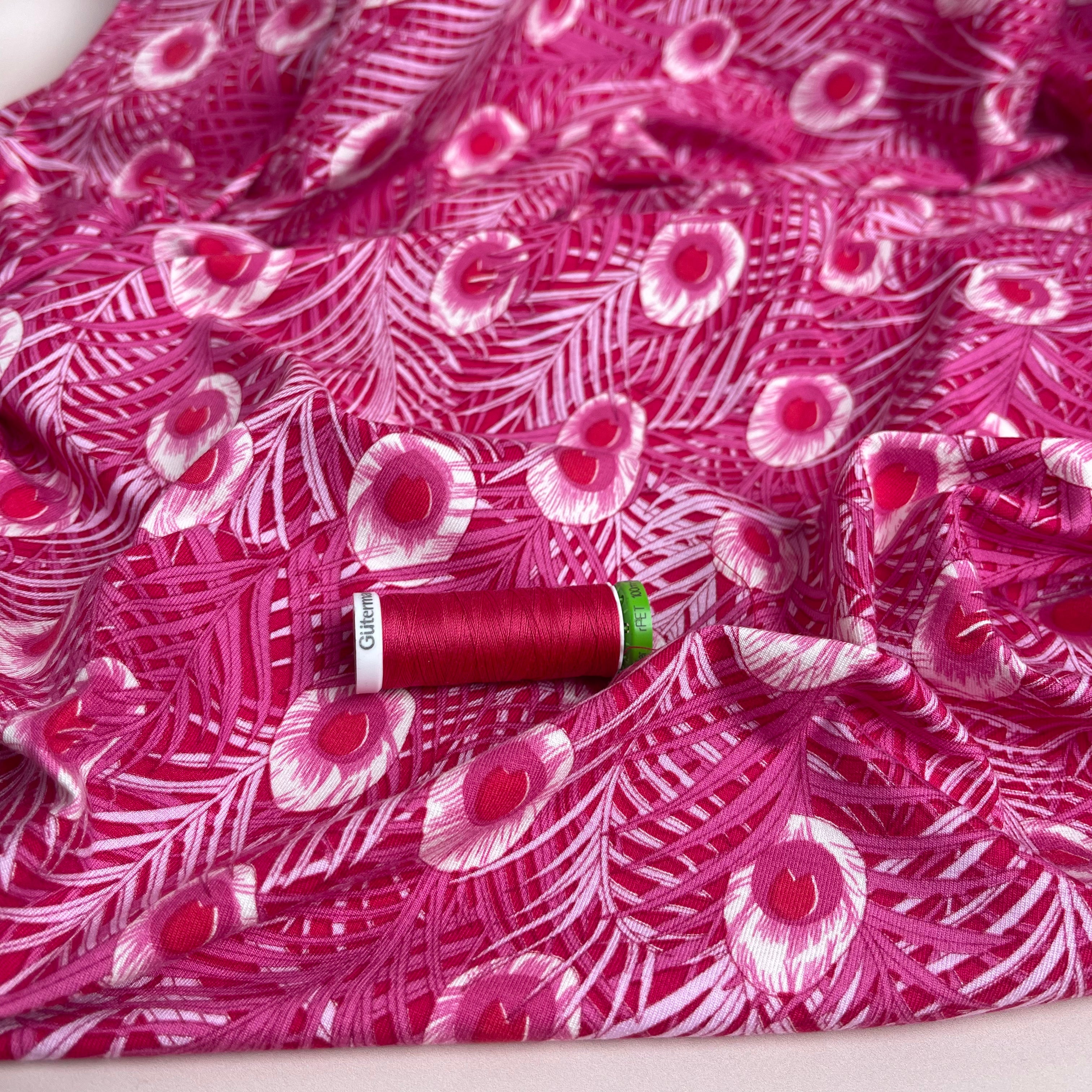 Peacock Feathers Cerise Pink Viscose Jersey Fabric