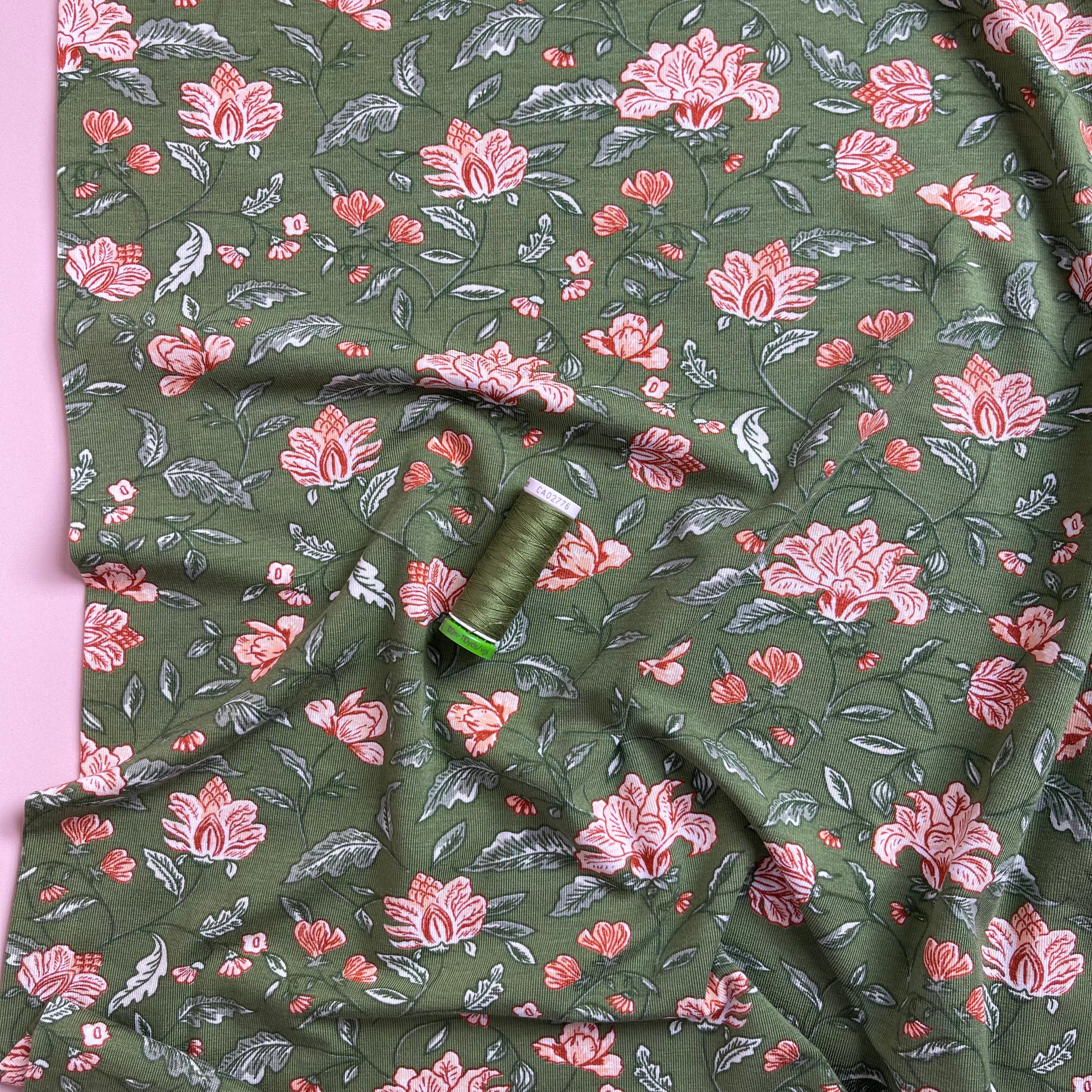 Magnolia in Moss Green Bamboo Cotton Jersey