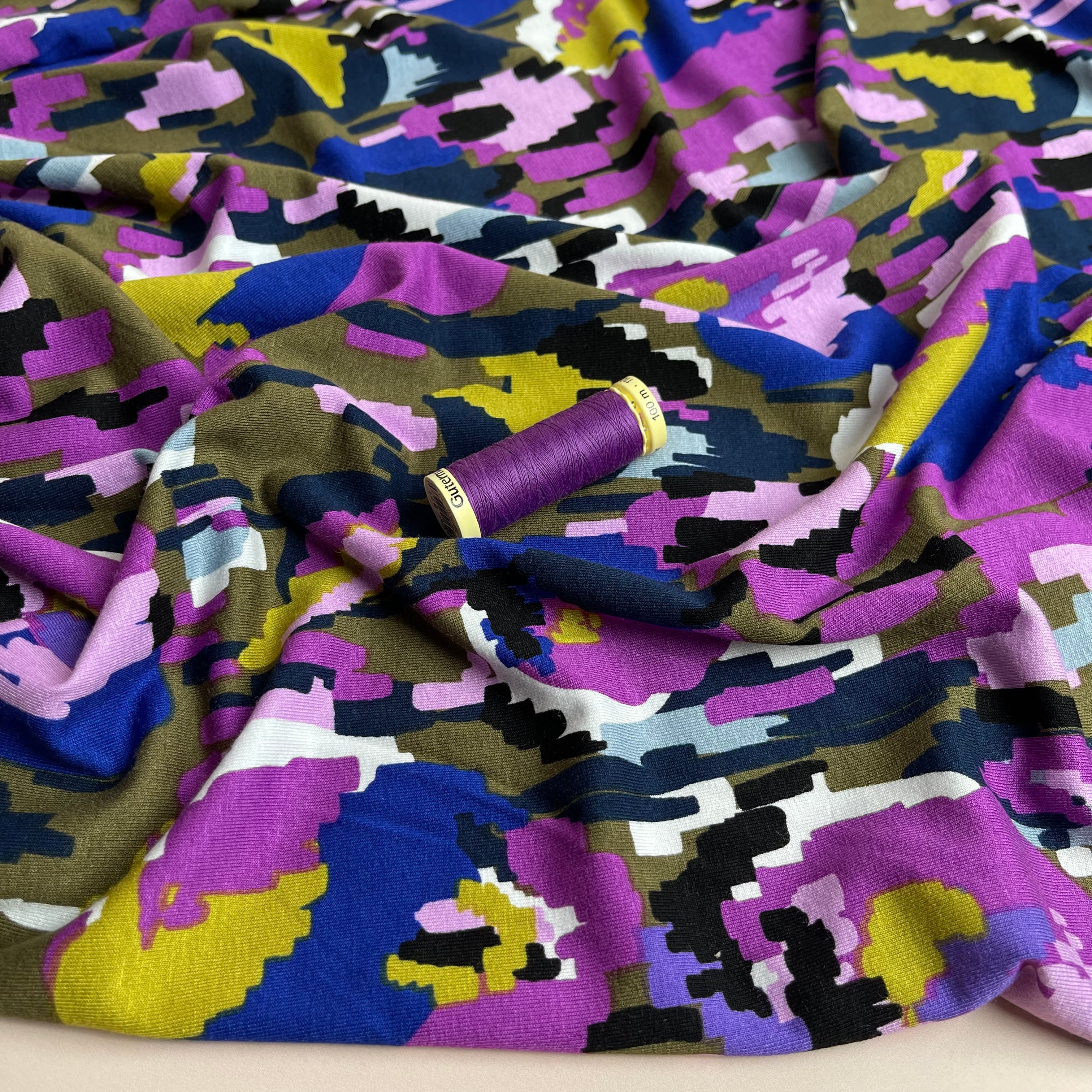 Pixel Flowers in Purple Viscose Jersey Fabric