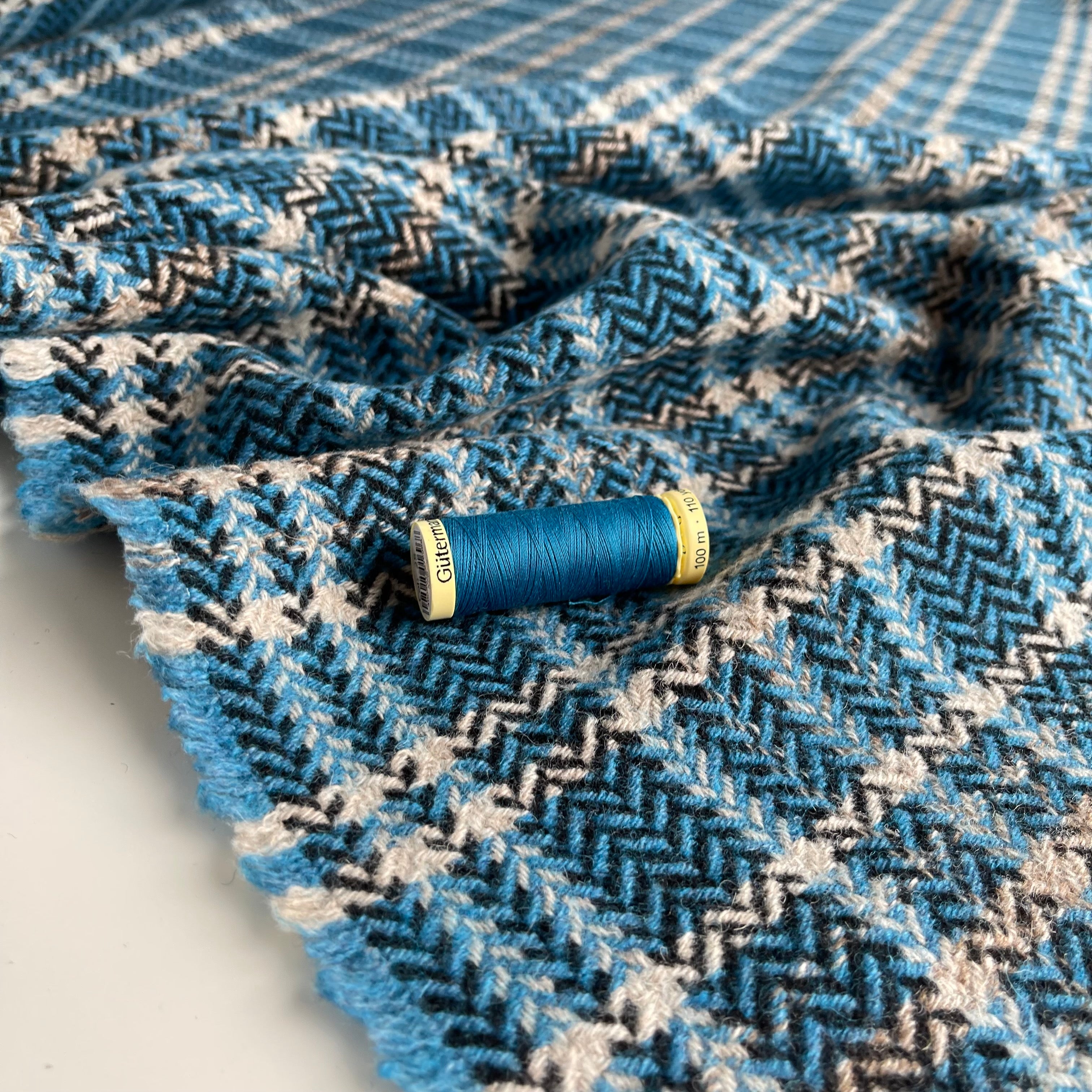 Deadstock Crystal Teal Herringbone Lamb’s Wool Coating Fabric