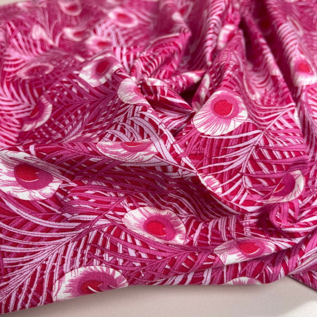 Peacock Feathers Cerise Pink Viscose Jersey Fabric